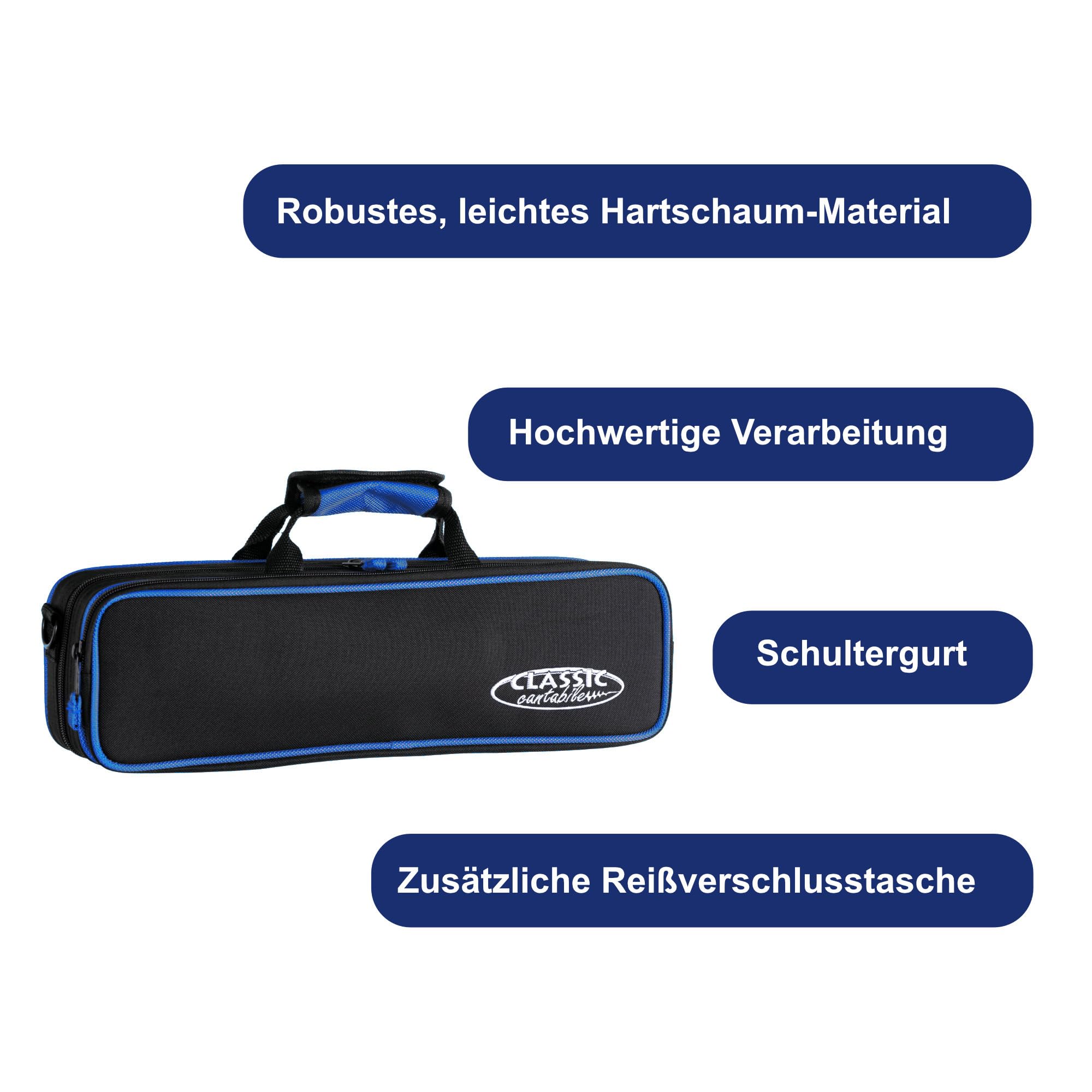 Classic Cantabile estuche ligero azul para flauta transversal, resistente al agua y desgarros, con acolchado térmico, correa incluida. Compatible con flautas transversales comunes.