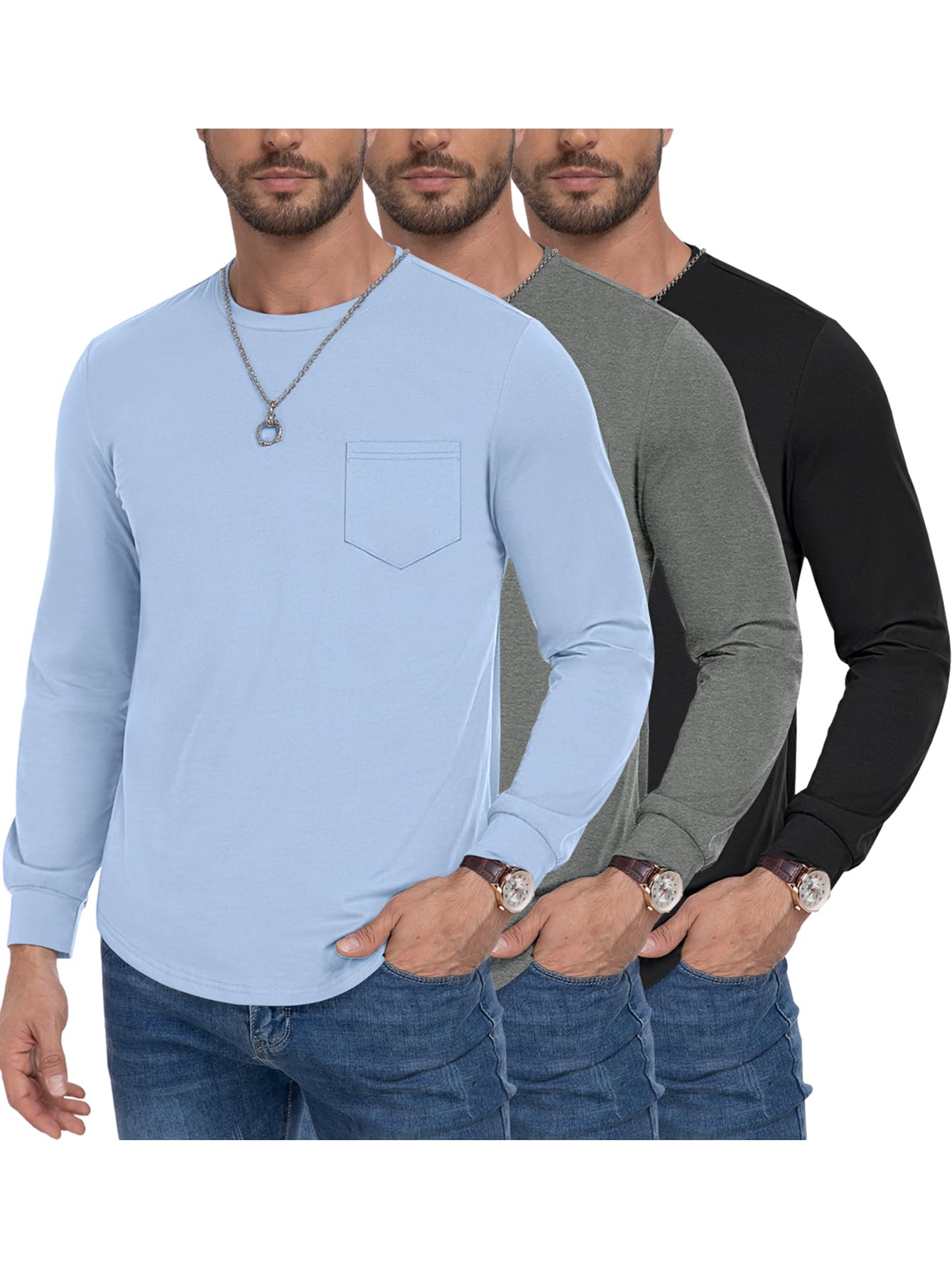 DOWMQ 3 Pack Men's Long Sleeve Pure Cotton T-Shirt Crewneck Pocket Tee Longline Casual Lightweight Fall Basic Shirts