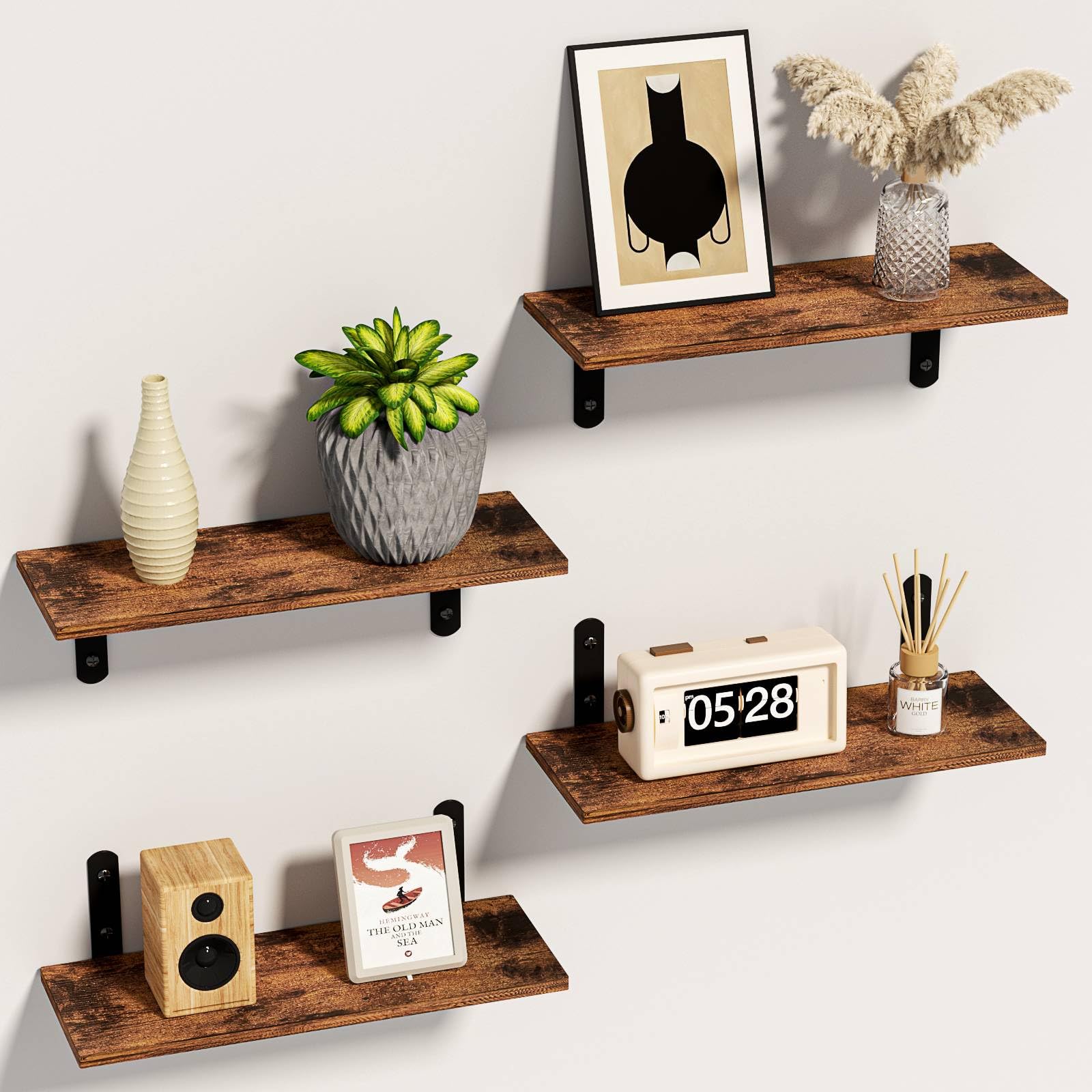 FURNITABLE Lot De 4 Étagères Murales Flottantes 14x40cm - Rangement Moderne Noir Pour Salon, Cuisine, Bureau Et Appartement