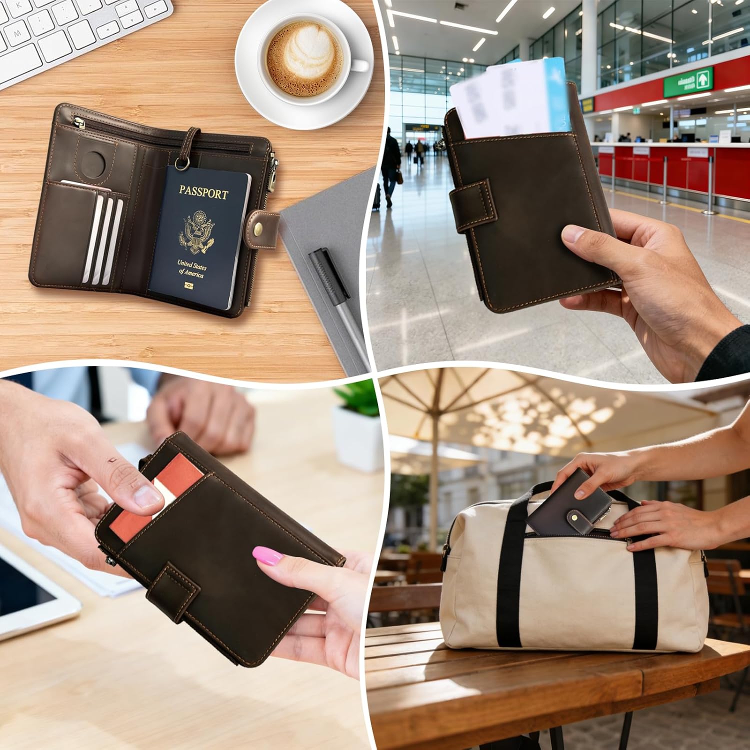 Genuine Crazy Horse Leather Passport Wallet, RFID Blocking Passport Holder with Tracker Slot, All in One Travel Wallet for Women/Men, Secure Passport Cover Case for Airport Essentials (Dark Brown)