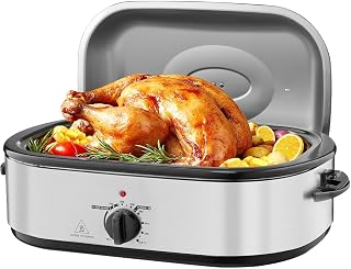 18QT Stainless Steel Roaster Oven, 1450W with Self-Basting Lid - Adjustable Temperature, Defrost & Keep Warm Functions, Large Capacity Electric Turkey Pan for Holidays & Family Dinners