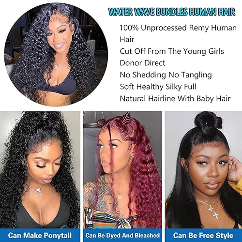 Miniatura 4 de Borchan 4 paquetes de cabello humano de 24 26 28 30 pulgadas, cabello humano brasileño ondulado de agua, 4 manojos de ondas rizadas, extensiones de