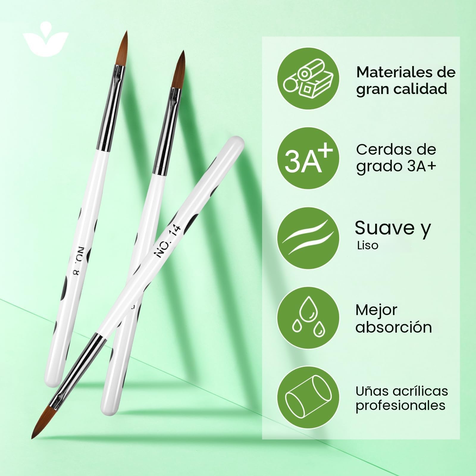 Pincel Acrilico Uñas de 3 Piezas - Pincel Kolinsky Uñas Acrilicas, Pinceles para Uñas Acrilicas Profesionales, Cepillo de Uñas Acrílico, Pincel para Arte de Uñas (8/10/14)