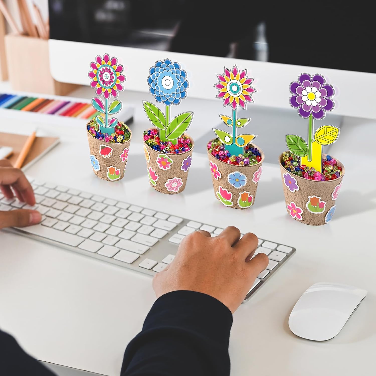 Pasimy 18 Sets Spring Flower Crafts Kits Bulk Flower Pot Suncatchers DIY Color Your Own Floral Activities Arts Decorations with Paper Pot Stickers Beads for Classroom Mother's Day Birthday Gifts