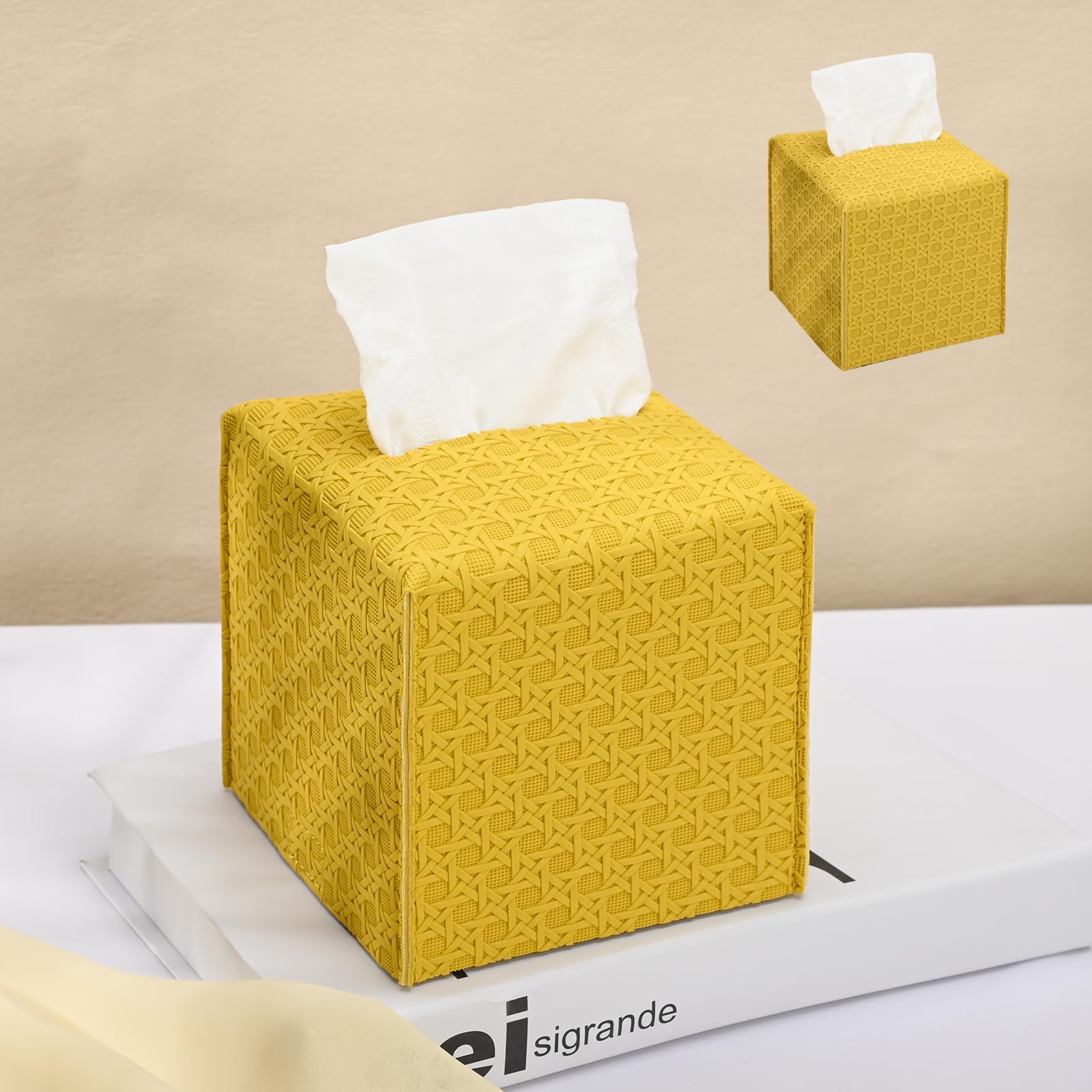 2 Pack Tissue Box Cover, Square PU Leather Tissue Holder, Decorative Facial Tissue Cube Paper Organizer Dispenser for Bathroom, Night Stands, Desk, Car 5X5X5'' - Rattan Weave,Mango Yellow