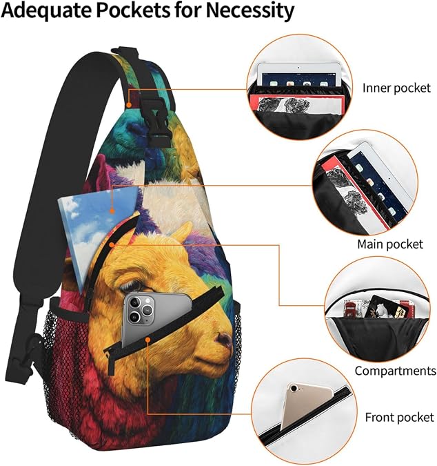 Cross Chest Bag Durable Polyester Material with Unique Multiple Colorful Sheep Print for Commuting and Travel Wearing