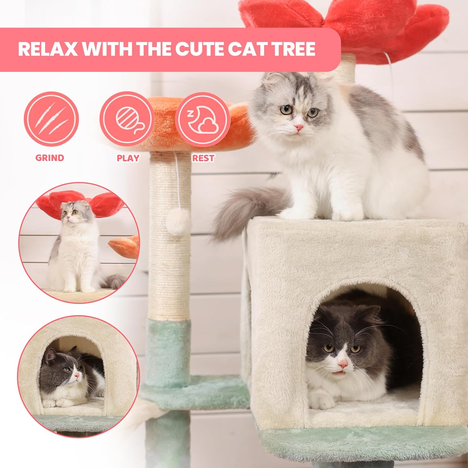 HYABi 48-inch Modern Cat Tree with Hanging Basket & Flower Design, Multi-Level Cat Tower with Plush Perches, Sisal Scratching Posts & Toy Balls, Stylish Indoor Playhouse for Cats & Kittens