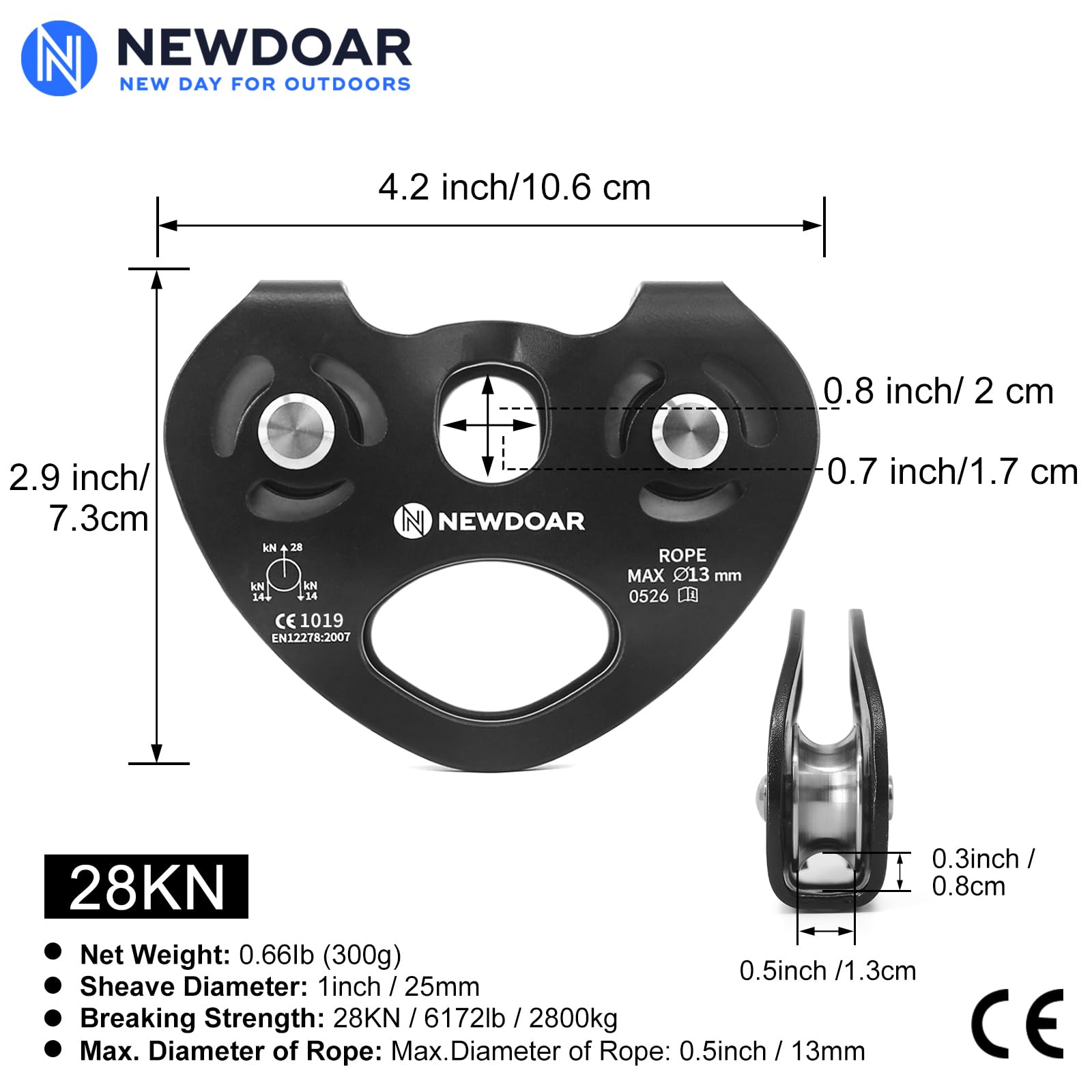 NewDoar Certyfikat CE 28 kN tandemowe podwójne koło pasowe w kształcie serca podwójny pasek z zamkiem błyskawicznym linka ratunkowa wózek do 13 mm liny do wspinaczki, ratownictwa, ciągnięcia,