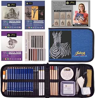 62 PC Drawing Set,Sketch Kit,Pro Art Supplies|Quality Pencil/Stick-Graphite,Charcoal Black+3 White Charcoal,Woodless Pencil,Pastel|5 Type-50 Sheet Sketch Paper,Tutorial|RPET Case