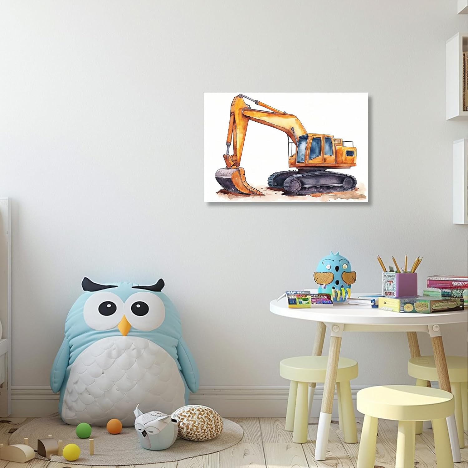 XLMDYYSW Construction Truck Canvas Wall Art Excavator Nursery Pictures Digger Posters Prints Boys Room Paintings for Bedroom Kids Room Playroom Decor Framed (Yellow, 20L x 30W)