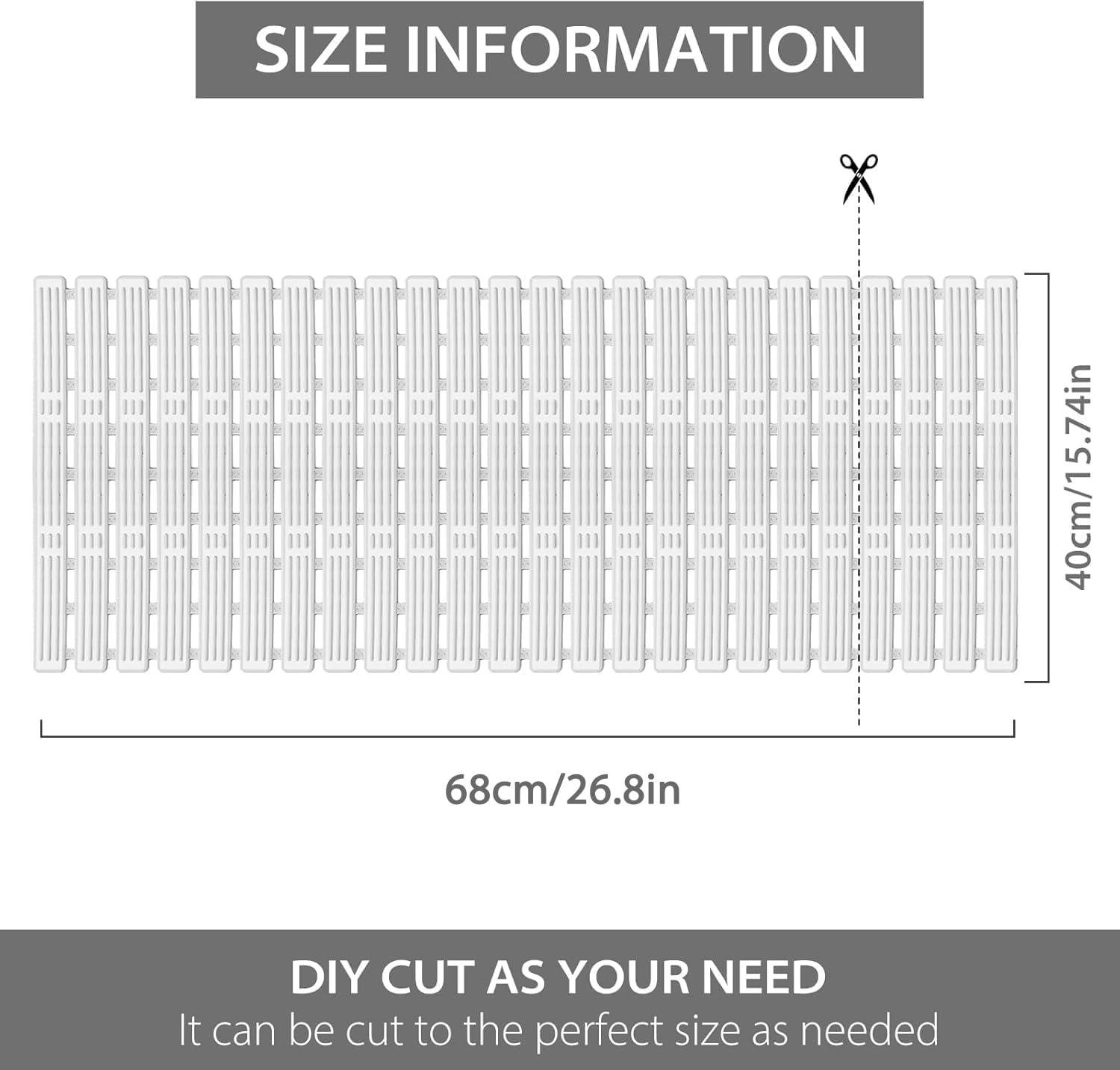Tapis de Douche Antidérapant 68x40cm PP+TPE Ventouses Résistant Moisissure Découpable Séchage Rapide Drainage Efficace