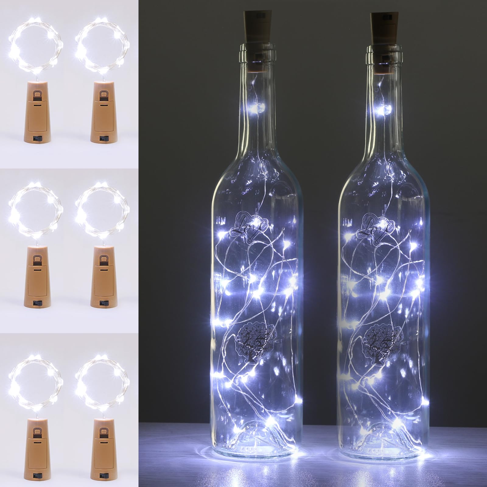 Kolpop Bottle Lights 6 Packs, 2m 20 LED Cork Light Battery Operated for Wine Bottles, Cool White Fairy String Lighting Indoor for Jars Table Craft Christmas Party Decoration
