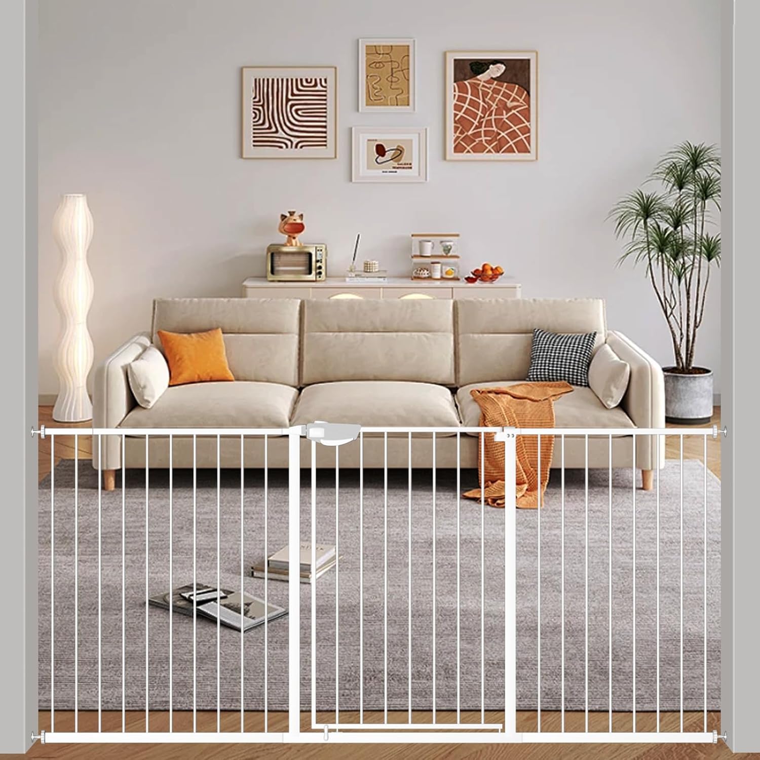 WAOWAO 36.22" Extra Tall Triple Lock Baby Gate Wide 67.32-76.77" Pressure Mounted Walk Through Swing Auto Close Safety White Metal Toddler Kids Child Dog Pet Puppy Gate for Indoor Stairs