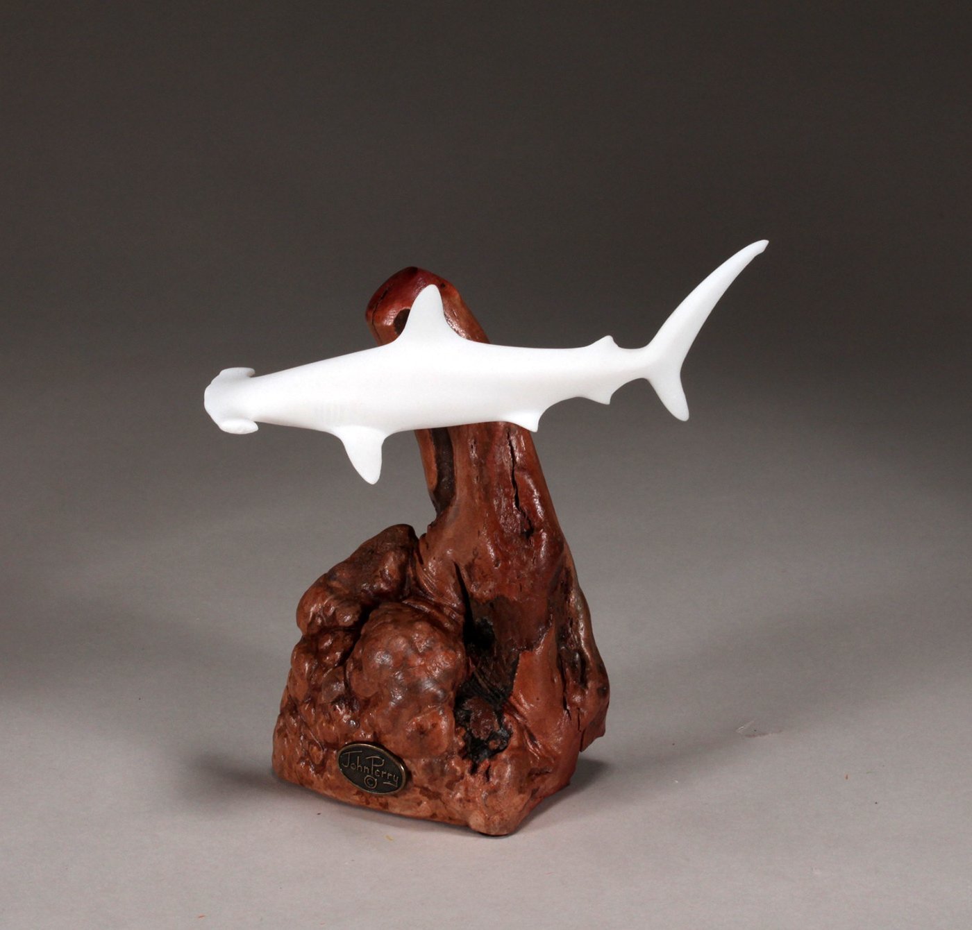 HAMMERHEAD SHARK Sculpture by JOHN PERRY 7in tall on polished burlwood base Pellucida Statue