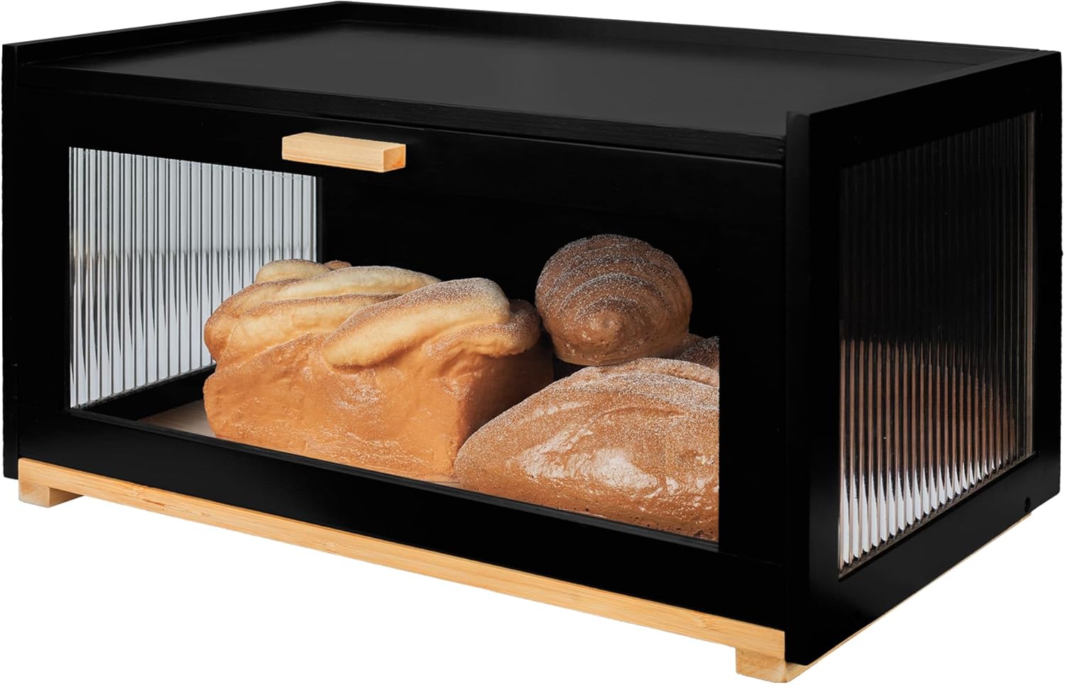 MinBoo Bread Box for Kitchen Counter, Large Bamboo Bread Storage Container with Arcylic Transparent Door, Bamboo Wooden Farmhouse Bread Box，Black