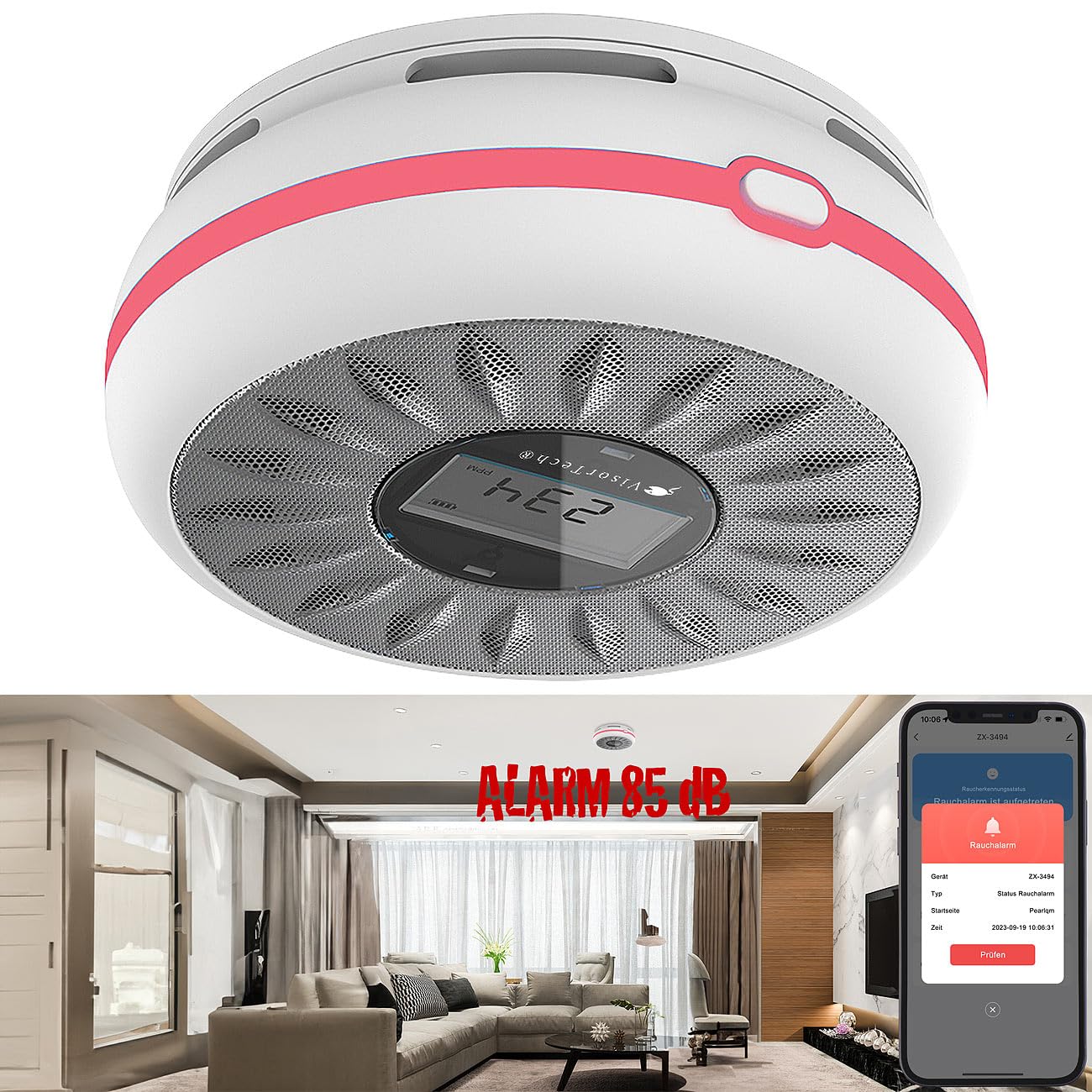 VisorTech Rilevatore Fumo e Monossido di Carbonio WiFi 2 in 1, batteria 10 anni, 85 dB, App