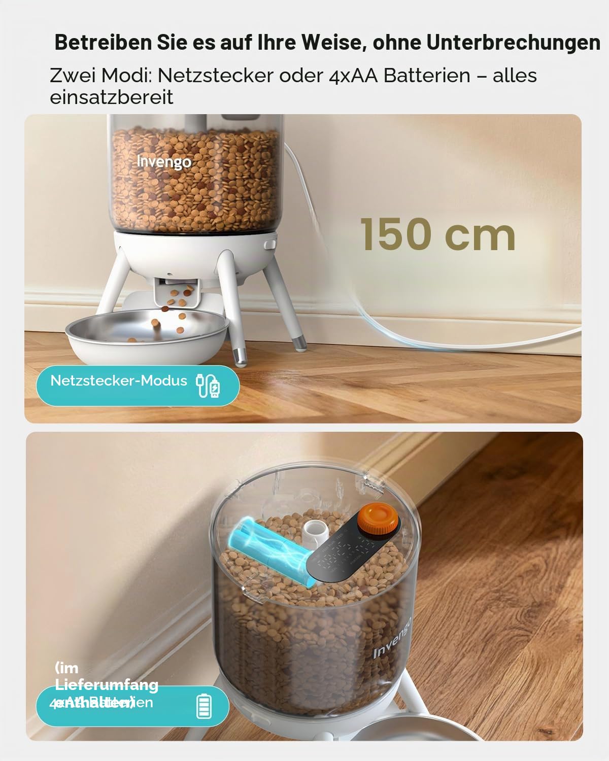 Invengo Katzenfutter Automat, Futterautomat Katze mit Zeitsteuerung, 3L Trichter, Doppelstromversorgung, Trockenfutter Automat für Katzen & Hunde, Katzen Futterautomat, Schwarz (Weiß)