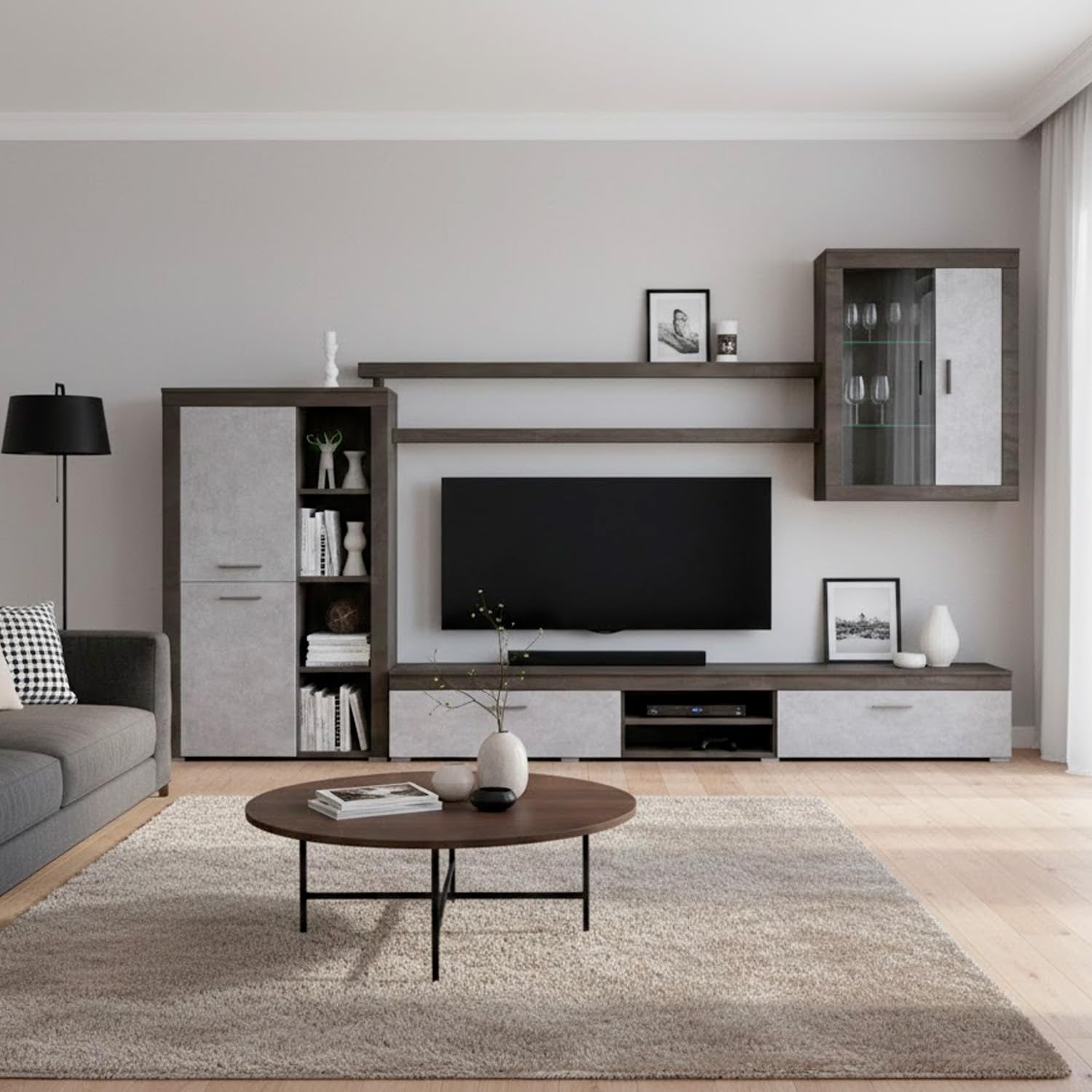Parete Attrezzata Da Soggiorno Salotto Moderna Con Mobile TV Ante Mensole Vani A Giorno Vetrinetta Design Moderno Moduli Sospesi 293 X 193 X 50 Cm Ossido E Grigio Cemento