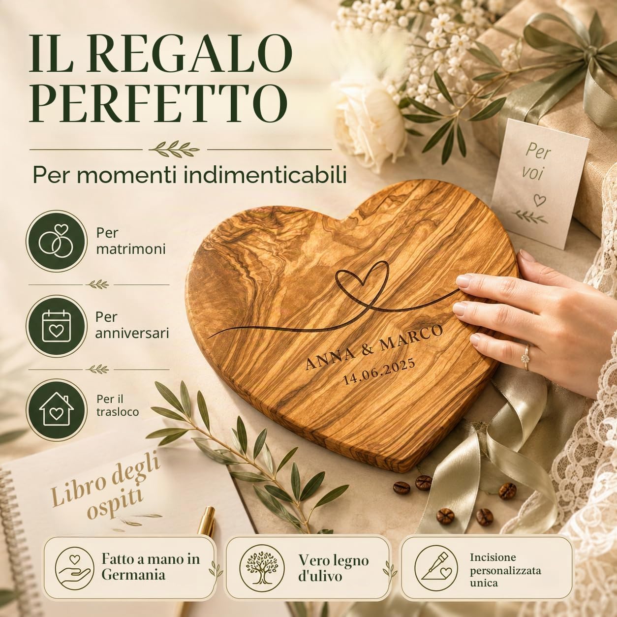Tagliere personalizzato a forma di cuore, in legno d'ulivo rustico, con incisione come regalo personalizzato per matrimonio