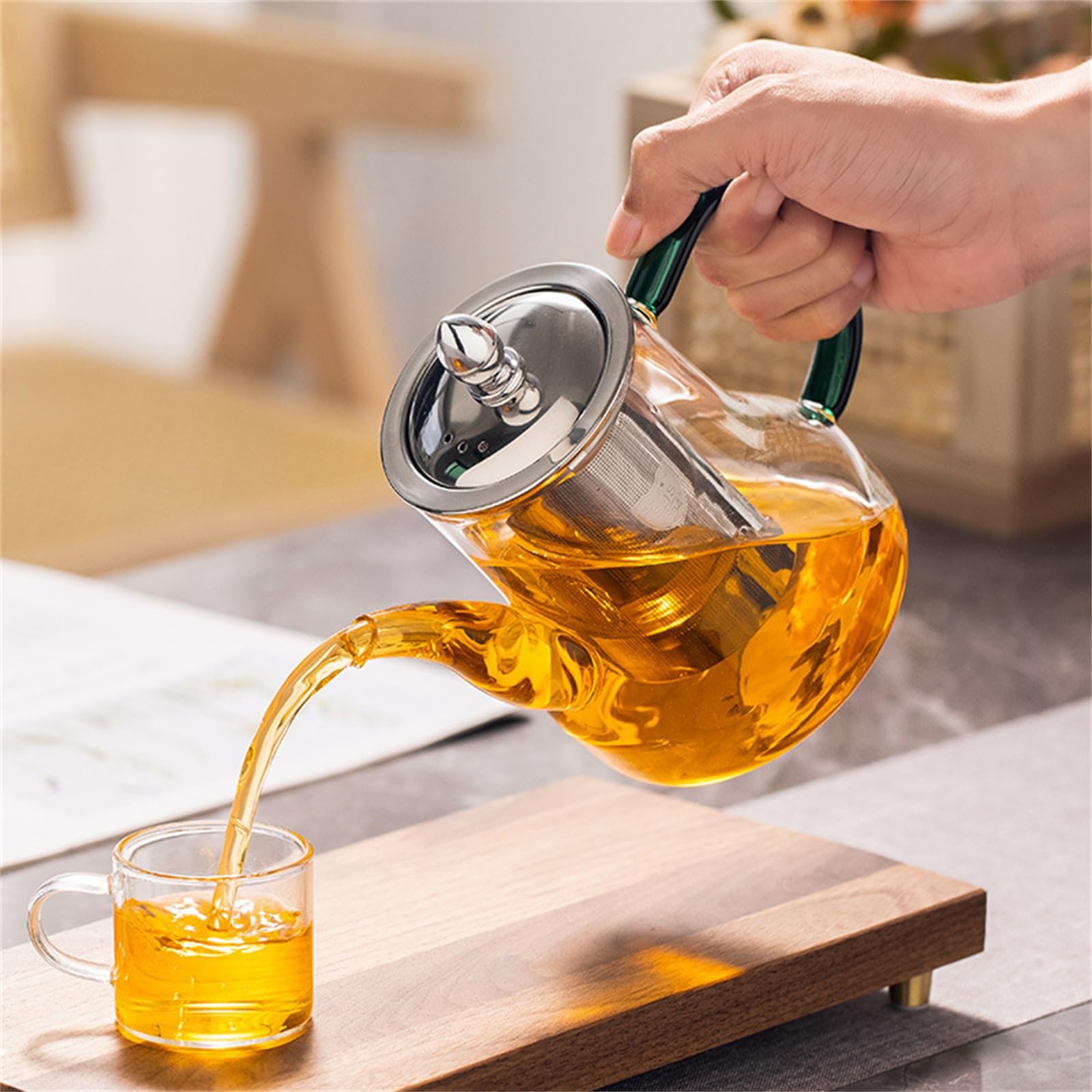 Teiera in Vetro Resistente alle Alte Temperature con beccuccio Lungo, Ideale per tè in Fiore e tè Sfuso.(Trasparente 750ml)