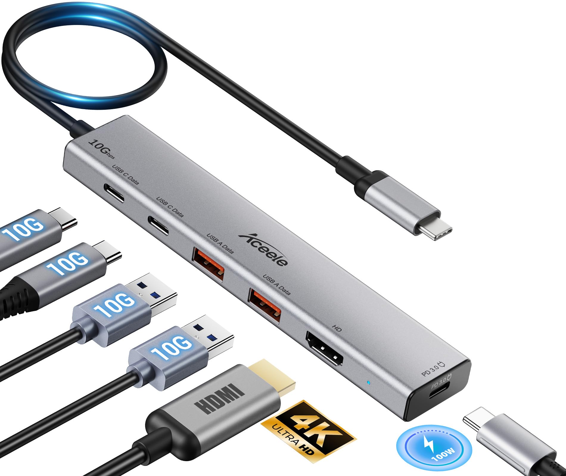 Aceele USB C Hub 3.2 Gen 2 with 4K@60Hz HDMI, 10Gbps USB-C Splitter 6-in-1