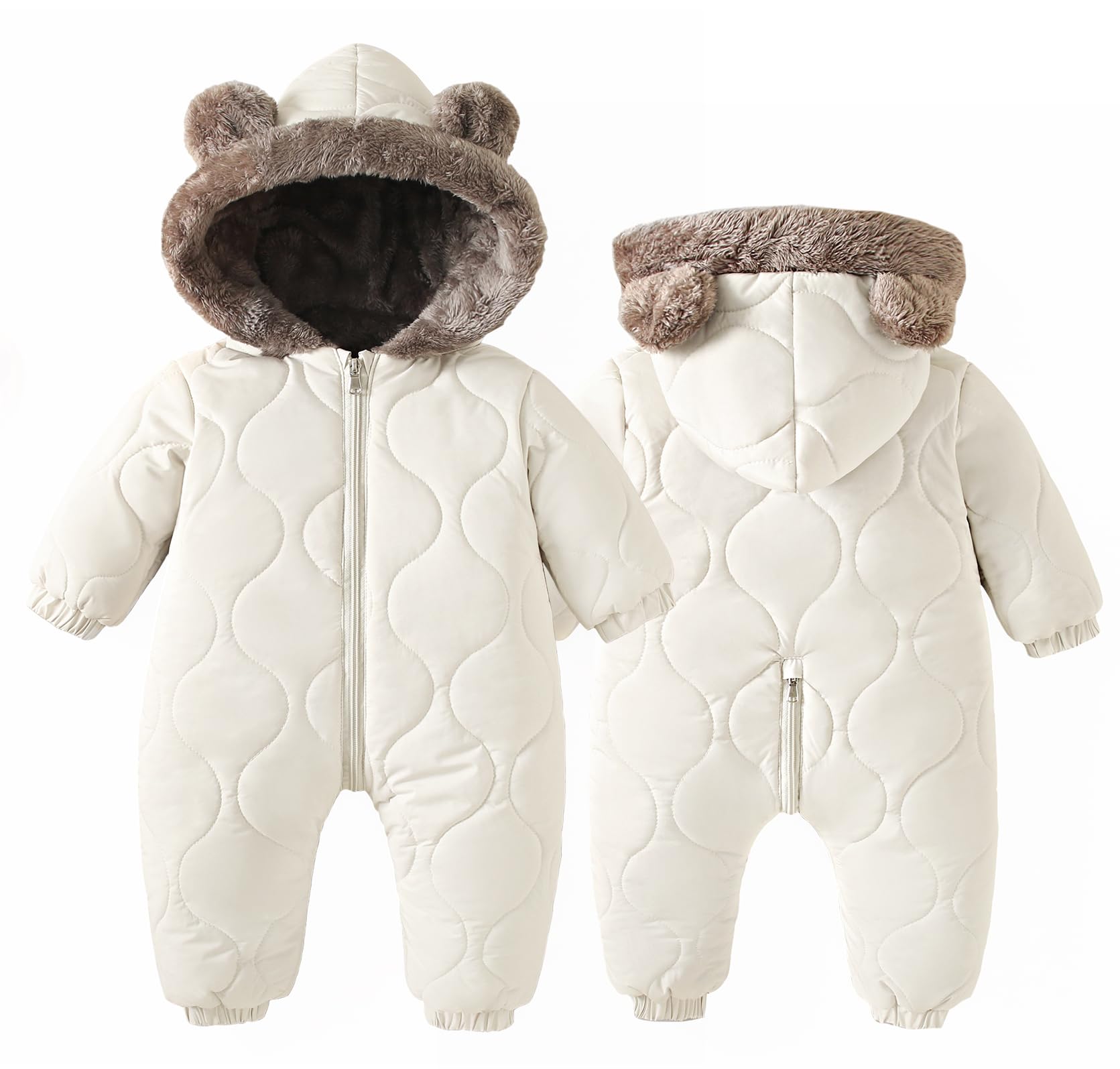 Happy Cherry - Bebé Mameluco Invierno con Forro Recién Nacido Traje de Nieve con Capucha Niño Niña Mono Cálido Infantil Pelele Entero Ropa de Una Pieza Calentito con Cremalleras - 0-24 Meses