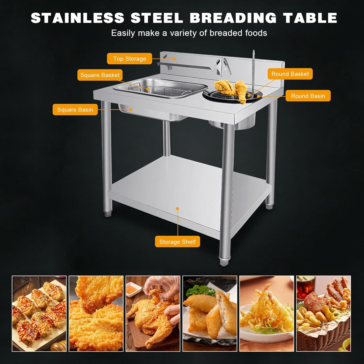 Stainless Steel Breading Table Fried Chicken Breading Station with Baskets Commercial Fried Food Prep Table with Under Shelf Fried Food Workstation for Restaurant Kitchen