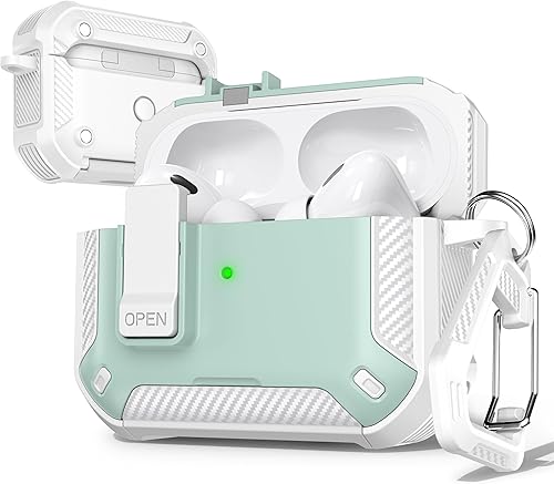 R-fun Funda para AirPods Pro 2 con kit de limpieza, elementos de fibra de carbono, a prueba de caídas, funda desplegable automática con soporte para