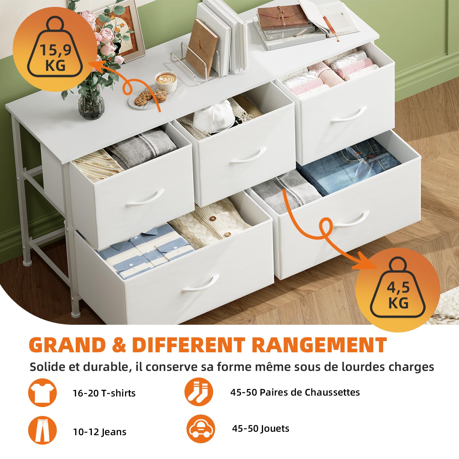 Somdot Commode Chambre, Commode en Tissu avec Cadre en Acier, Meuble de Rangement pour Salon Couloir Entrée, 30P x 100L x 55H (5 Tiroirs), Blanc