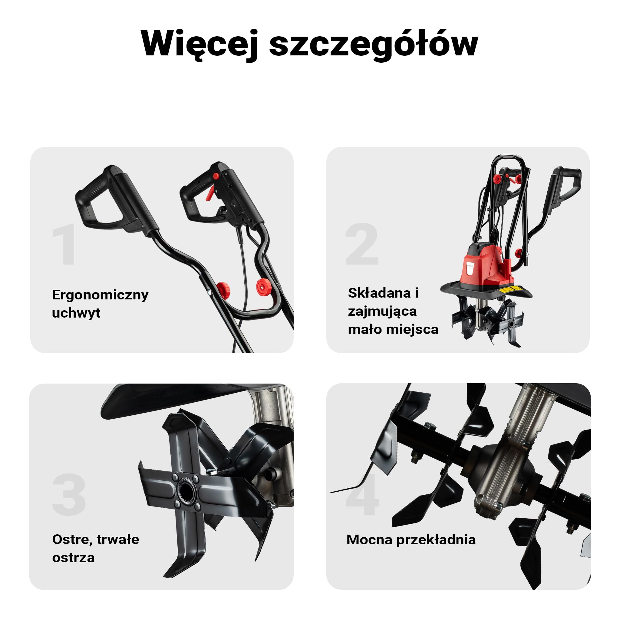 Glebogryzarka elektryczna Wiltec 1050 W z 380 obr/min, kultywator o głębokości roboczej 220 mm, glebogryzarka ogrodowa z 16 ostrzami, glebogryzarka z ergonomicznym uchwytem