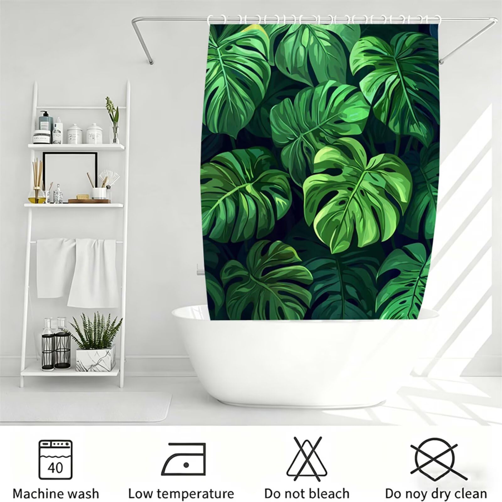 Verde smeraldo Tenda Doccia 240x200cm, Tenda per Doccia Tessuto Poliestere Impermeabile Asciugatura Rapida con 12 Anelli, Tende Finestra Bagno e Vasca Pieghevole Shower Curtain Piante tropicali J-588