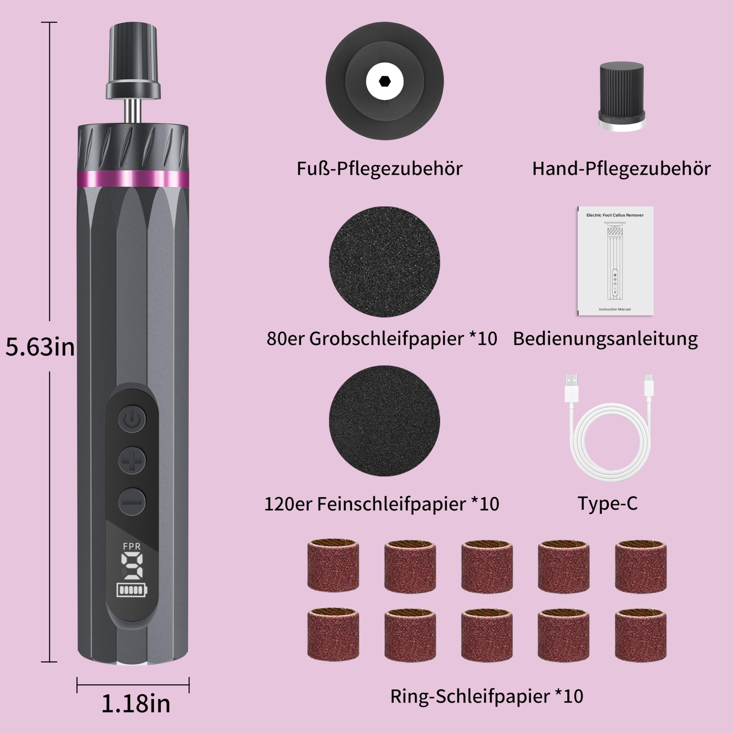 Elektrischer Hornhautentferner für die Füße mit 9 Einstellbare, LED-Anzeige, Hornhautentferner für seidig weiche Füße, Akku Fußpflege Set Damen Herren
