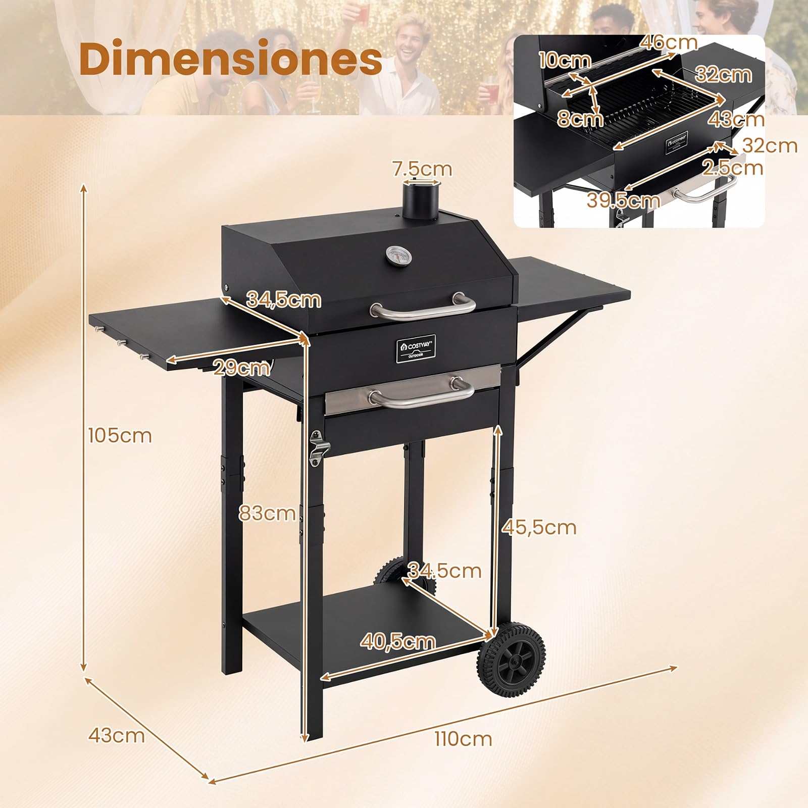 COSTWAY Barbacoa Carbón y Leña XXL con Ruedas, Tapa, 110 x 43 x 105 cm | 2 Mesitas Laterales, 6 Ganchos, Doble Rejilla de Cocción, Abrebotellas y Termómetro, Carrito Grill Portátil para Camping, Pic