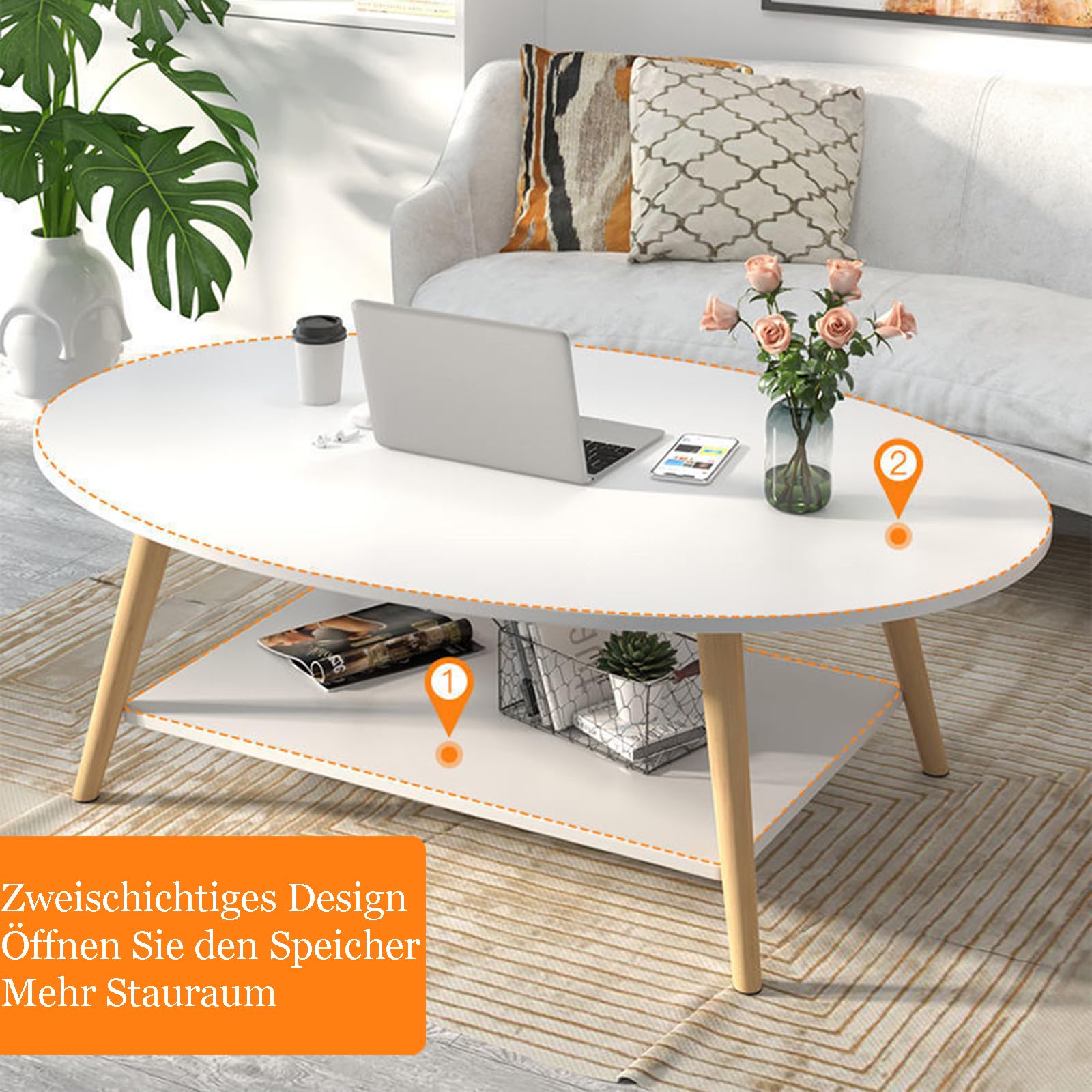 Table basse double couche en bois blanc, table de salon ovale, pieds de table en bois de pin, tables basses (100 x 50 x 40 cm)