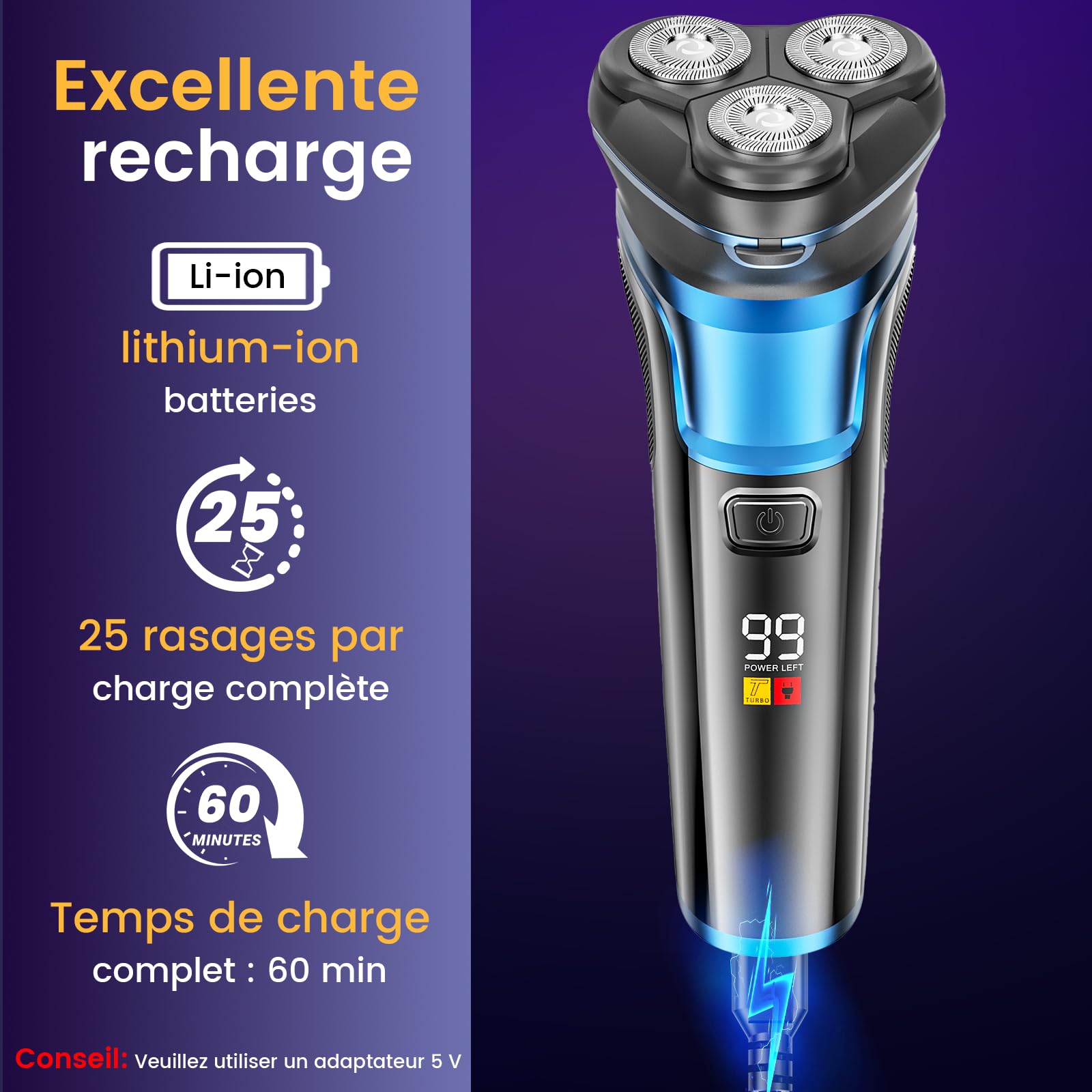 Skycool Rasoir Electriques Hommes, Rechargeable Sans Fil Tondeuse Barbe Homme, Rasoir Homme À Sec Et Humide avec Tondeuse Pliable, Rasoir Barbe Homme avec Deux Modes De Vitesse, Affichage Led