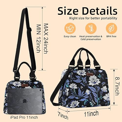 Miniatura 2 de PBRO Lonchera térmica para mujeres, bolsa de almuerzo reutilizable de amplia apertura con cinturón de hombro ajustable, bonito bordado floral,