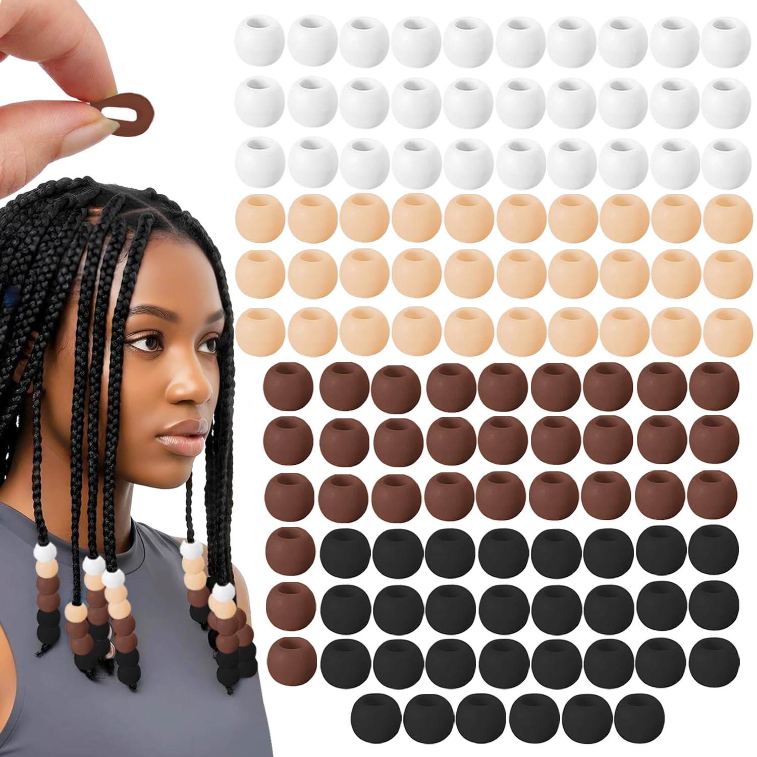  14mm Large Silicone Beads for Hair Braids, Soft Jellyish Hair Beads with 7mm Hole + 50 Rubber Bands and 1 Beader for Braiding, DIY Bracelets Necklaces Crafts(Brown)