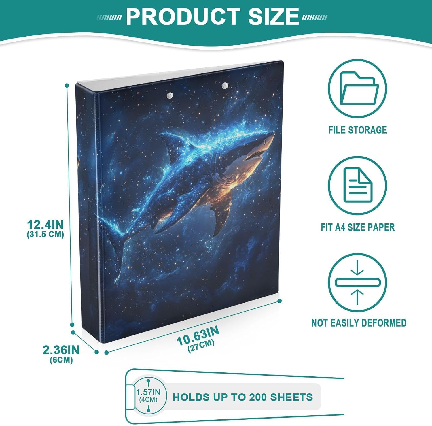 Caikeny 3 Ring Binder Shark Fish Stars Space Blue Glitter 1.5 Inch Binders Round Ring Clipboard with 2 Pockets for Office Supplies
