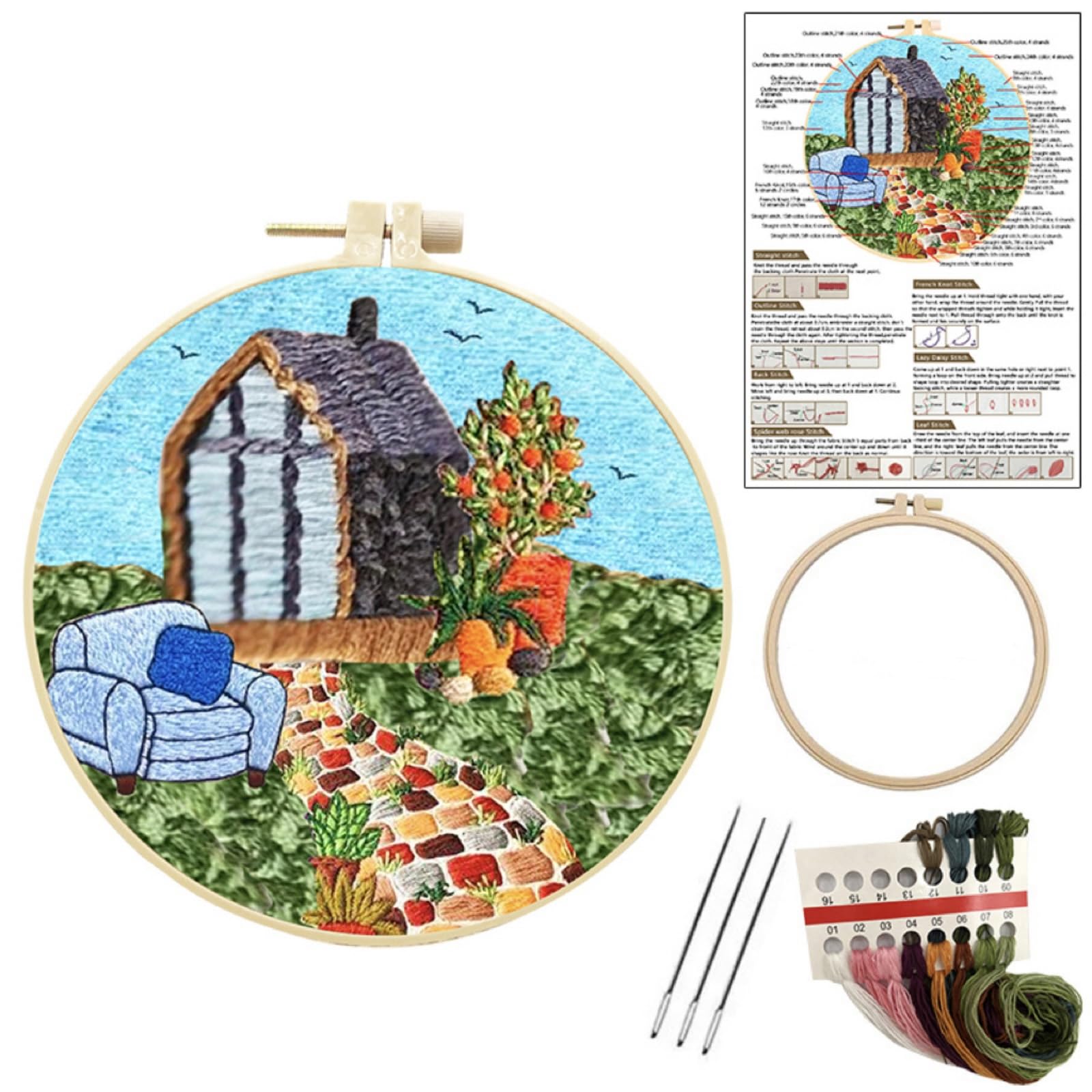 JRYYR Christmas Gifts Beginner Embroidery kit for Adults,Embroidery Kits for Beginners DIY Cross Stitch with Patterns and Instructions.(Blue Sea View Room)