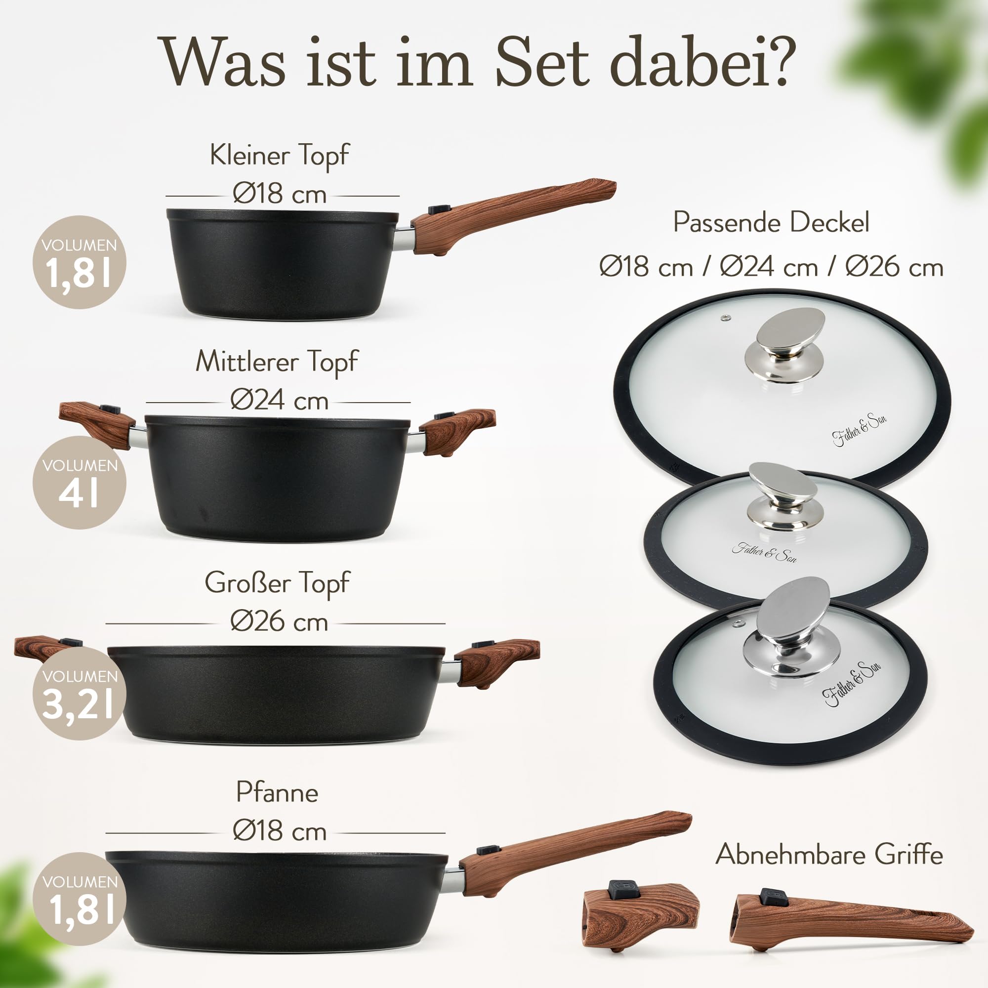 Topfset & Pfannenset Induktion [Antihaft Granit-Beschichtung] - Kochset mit abnehmbaren Griffen [Platzsparend & Backofenfest] - Beschichtete Töpfe und Pfannen Set [Spülmaschinenfest] - Ohne Einbrennen