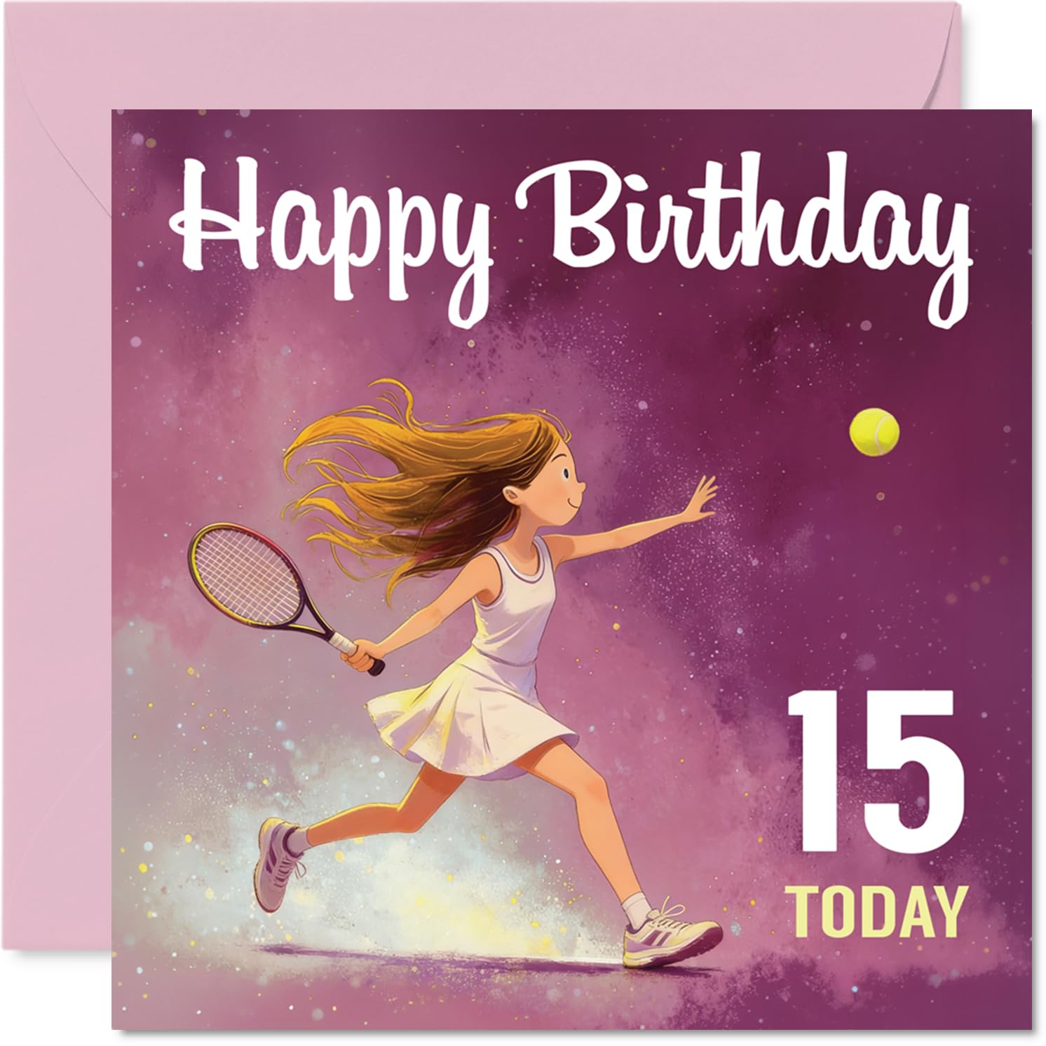 Playful 15th Birthday Card - Game, Set, Match to You - Tennis-loving Teen in Action on a Dreamy Purple-pink Backdrop - 145mm Square, Envelope Included