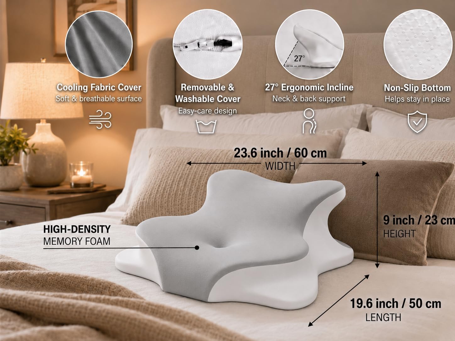 Ergonomic Memory Foam Wedge Pillow, 27" Incline with Cooling Cover