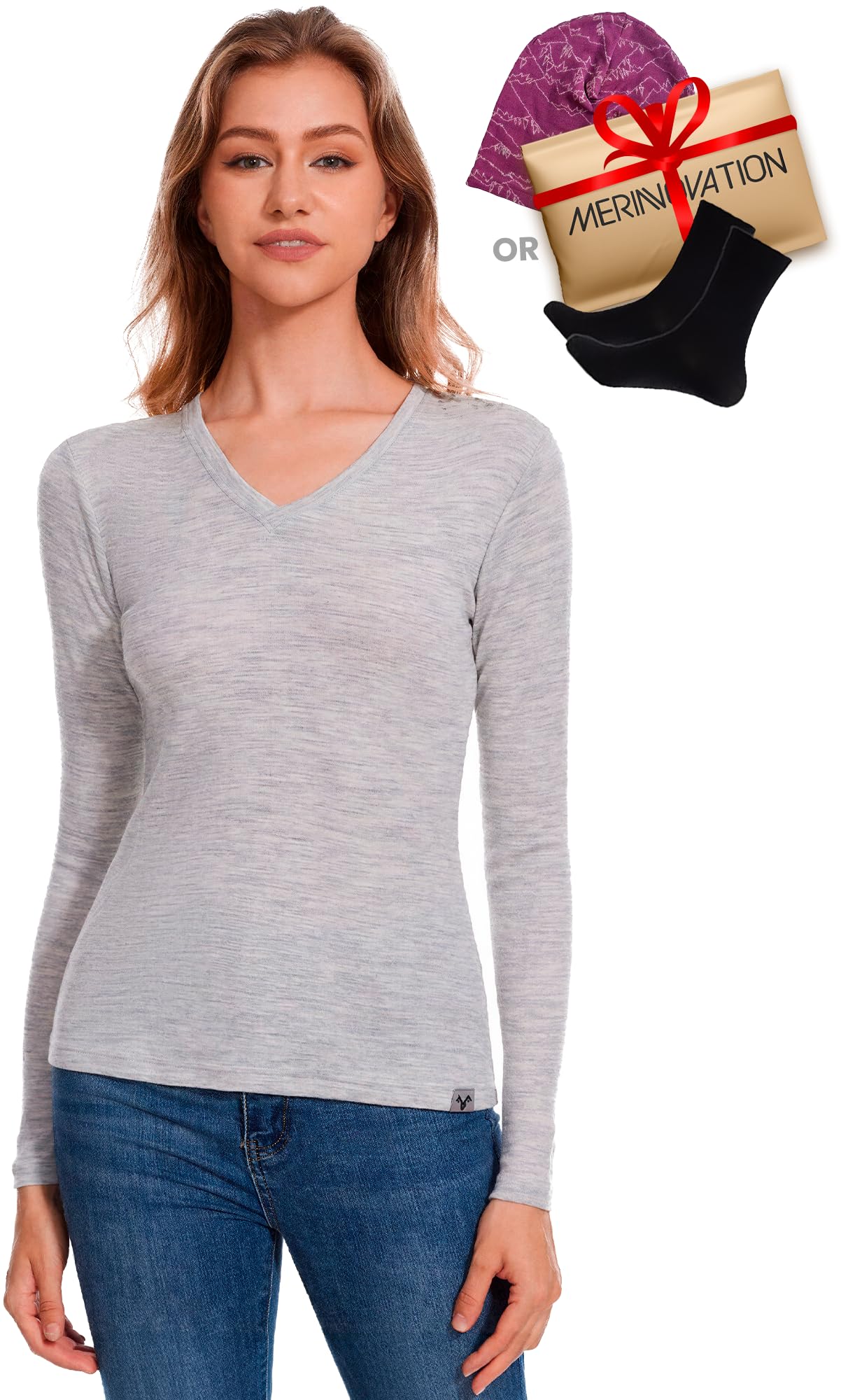 MERINNOVATION Merino Wool Base Layer Women - 100% Merino Wool Shirts for Women Lite - Midweight Long Sleeve V-Neck Tops