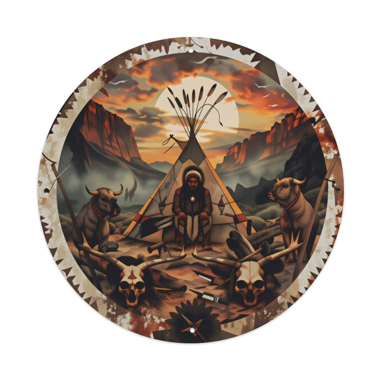 Native American Western Wilderness Round Decor Sign Vintage Aluminium Metal Sign, Retro Wall Decor for Home, Bar, Garage & Farmhouse 20x20cm