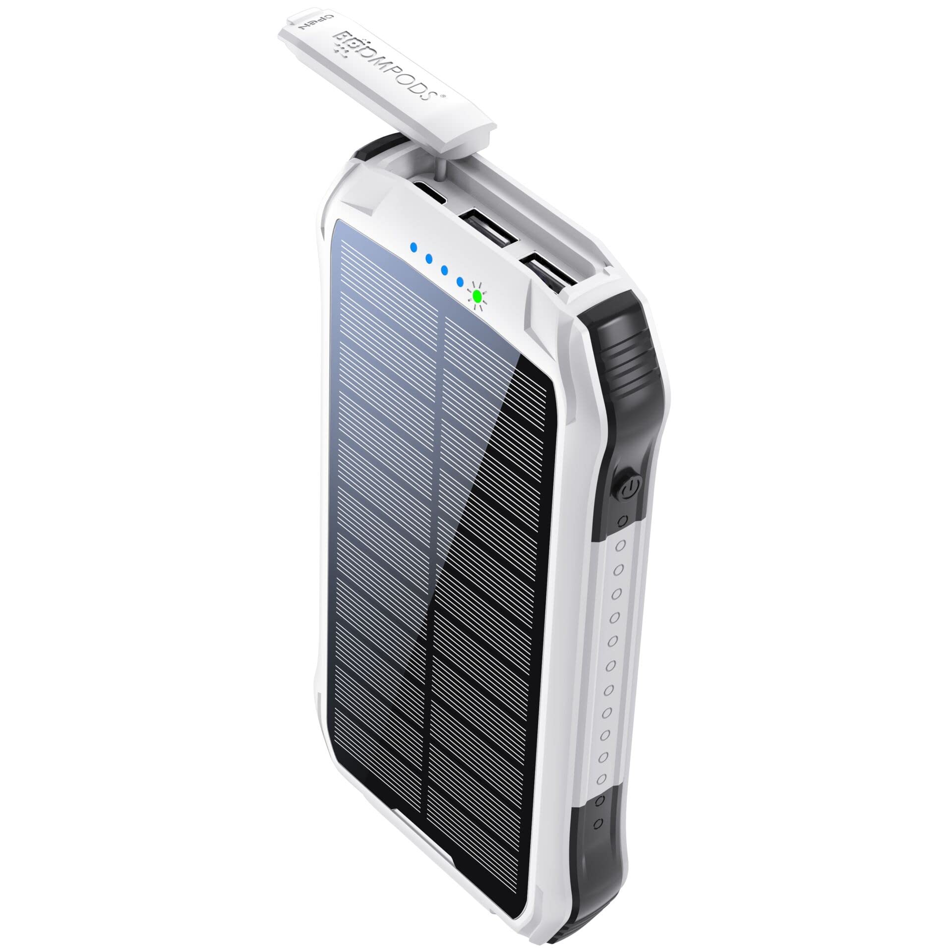 Boompods Neutron Powerbank Solare 10.000mAh - Caricabatterie Portatile con Torcia e Doppia Porta USB, Power Bank Impermeabile IPX4 con Pannello Solare, Per Campeggio e Viaggi, Bianco