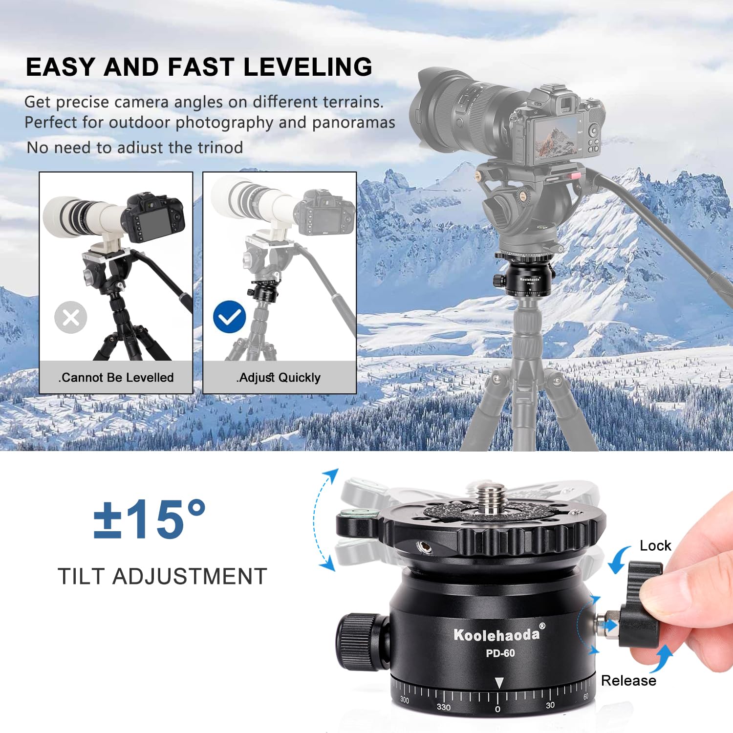 Koolehaoda Livellatore per fotocamera con base di livellamento per treppiedi, inclinazione di 15°, con filettatura da 3/8", livello a bolle offset e base panoramica a 360° per testa video, treppiedi