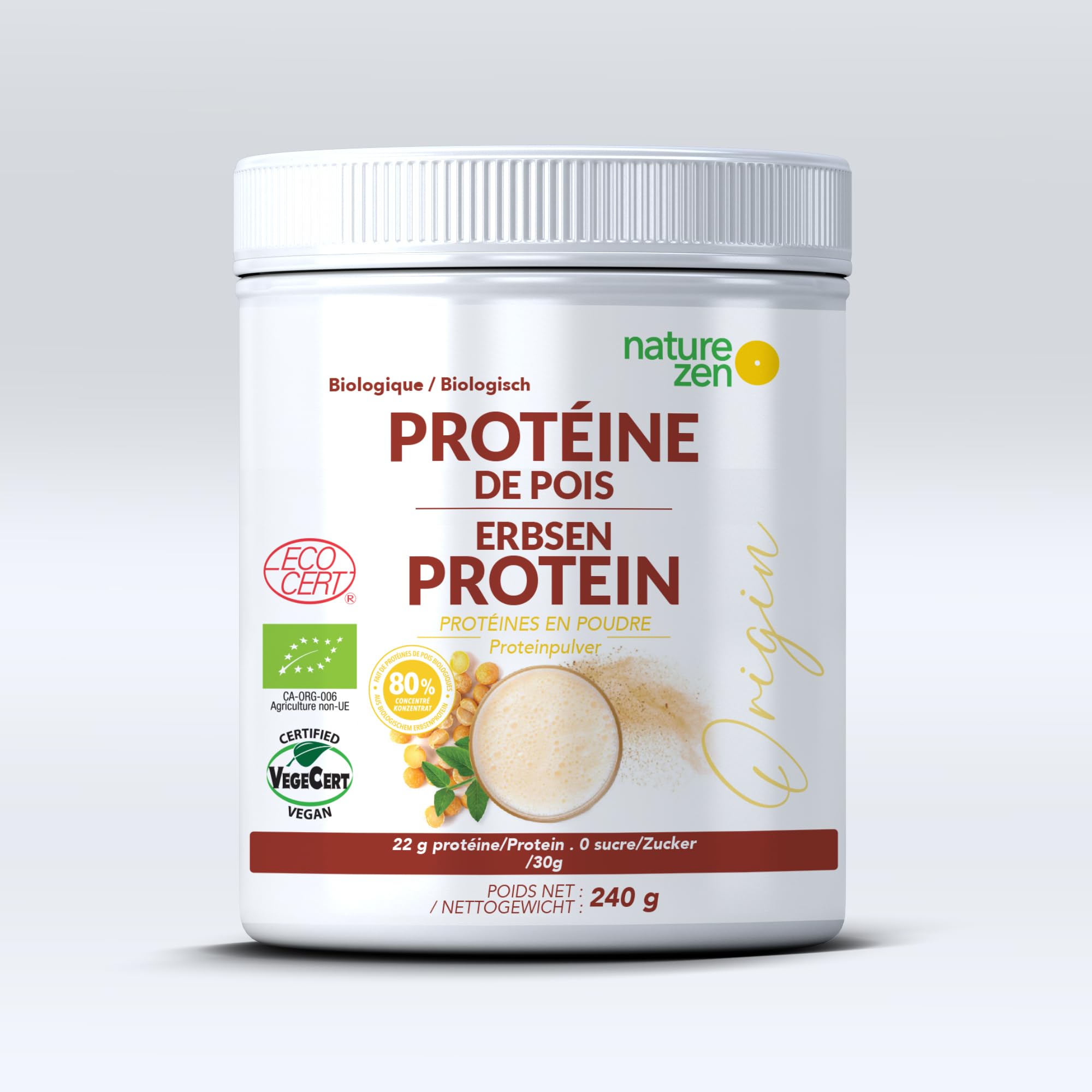 Nature Zen® Origin, Protéine en poudre bio végétale à base de pois uniquement, sans gluten, poudre pour boisson protéinée faible en glucides (250 g, Pois)