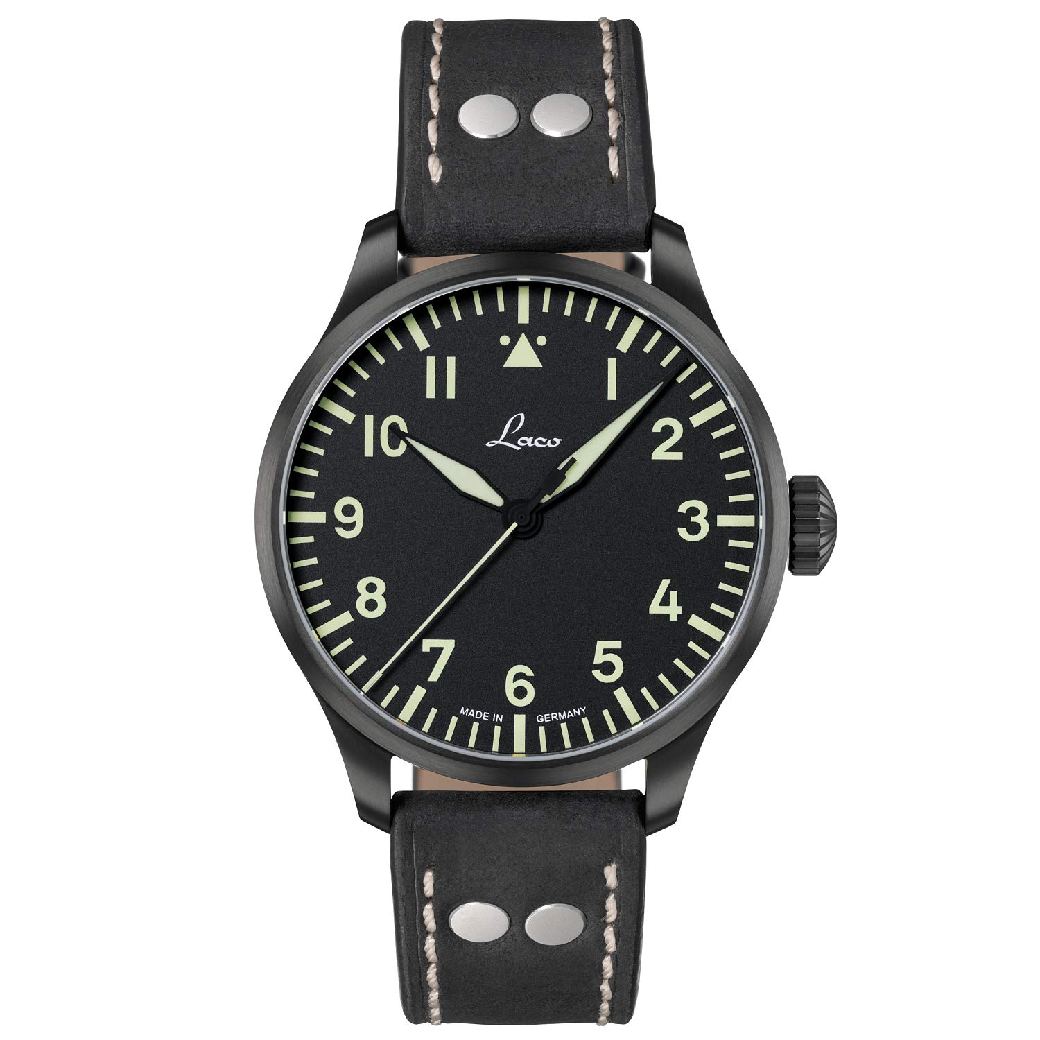 Laco Reloj de aviador automático, carcasa de acero inoxidable, cristal de zafiro, 5 bar, fabricado en Alemania