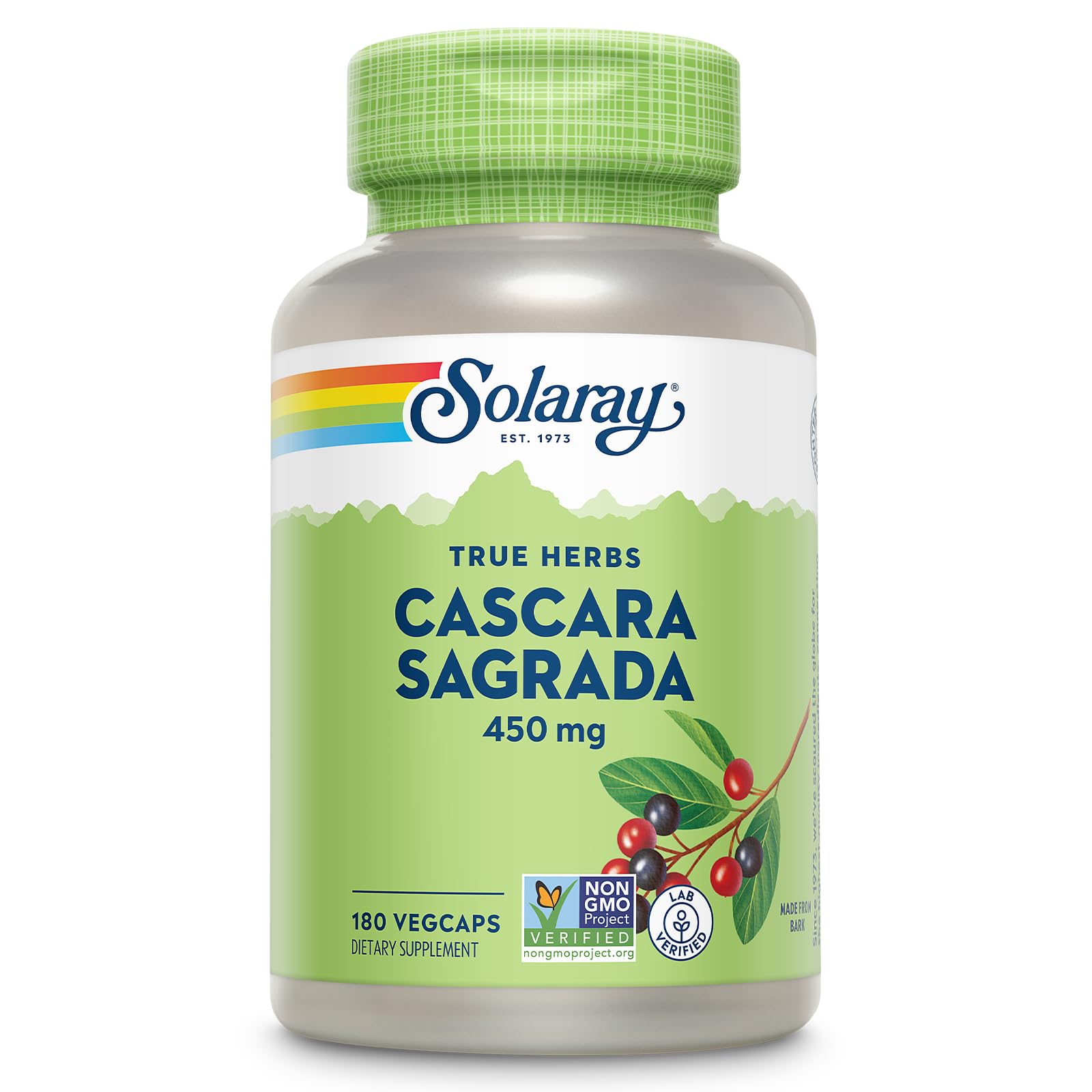 SOLARAY Cascara Sagrada 450 mg - Traditional Herb - Non,GMO, Lab Verified, 60 Day Money-Back Guarantee - 180 Servings, 180 VegCaps