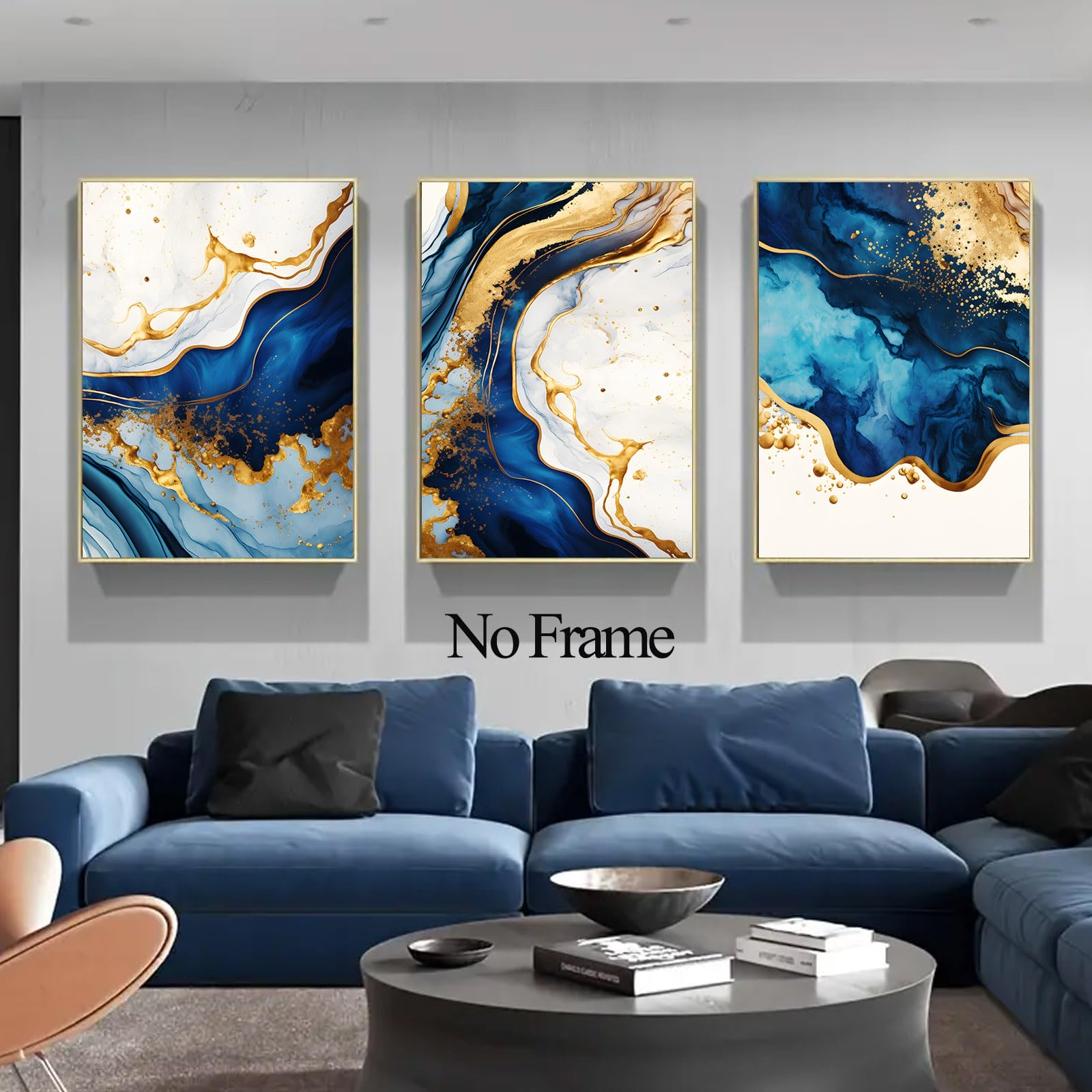 Amazon.co.jp: ネイビーブルーとゴールドの抽象的なウォールアート